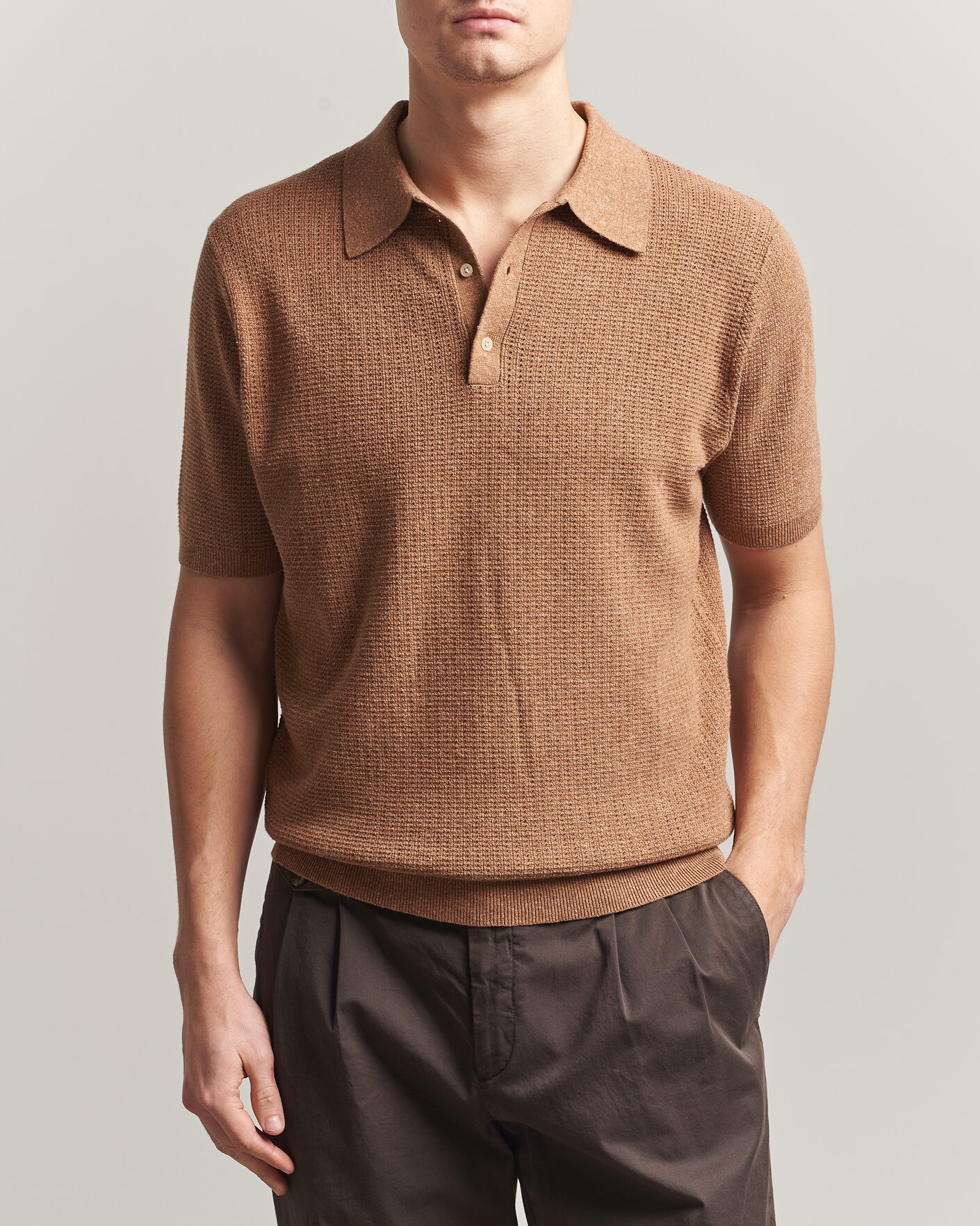 Herre | Pikéer | Stenströms | Knitted Textured Cotton/Hemp Polo Light Brown