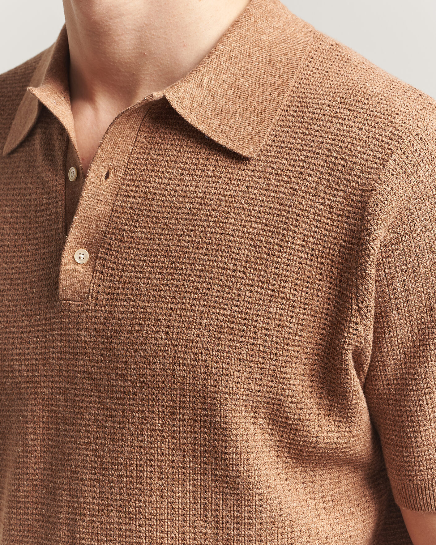 Herre | Pikéer | Stenströms | Knitted Textured Cotton/Hemp Polo Light Brown