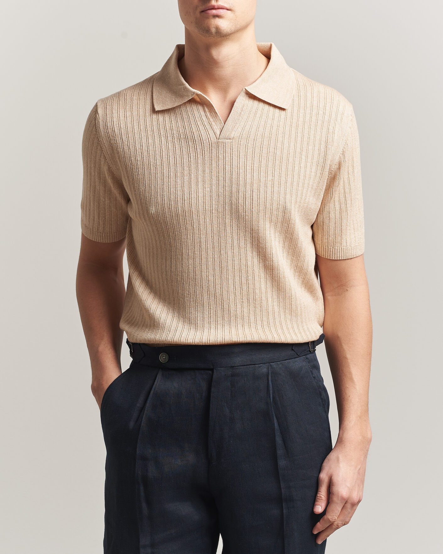 Herre | Pikéer | Stenströms | Linen/Merino Structured Polo Beige