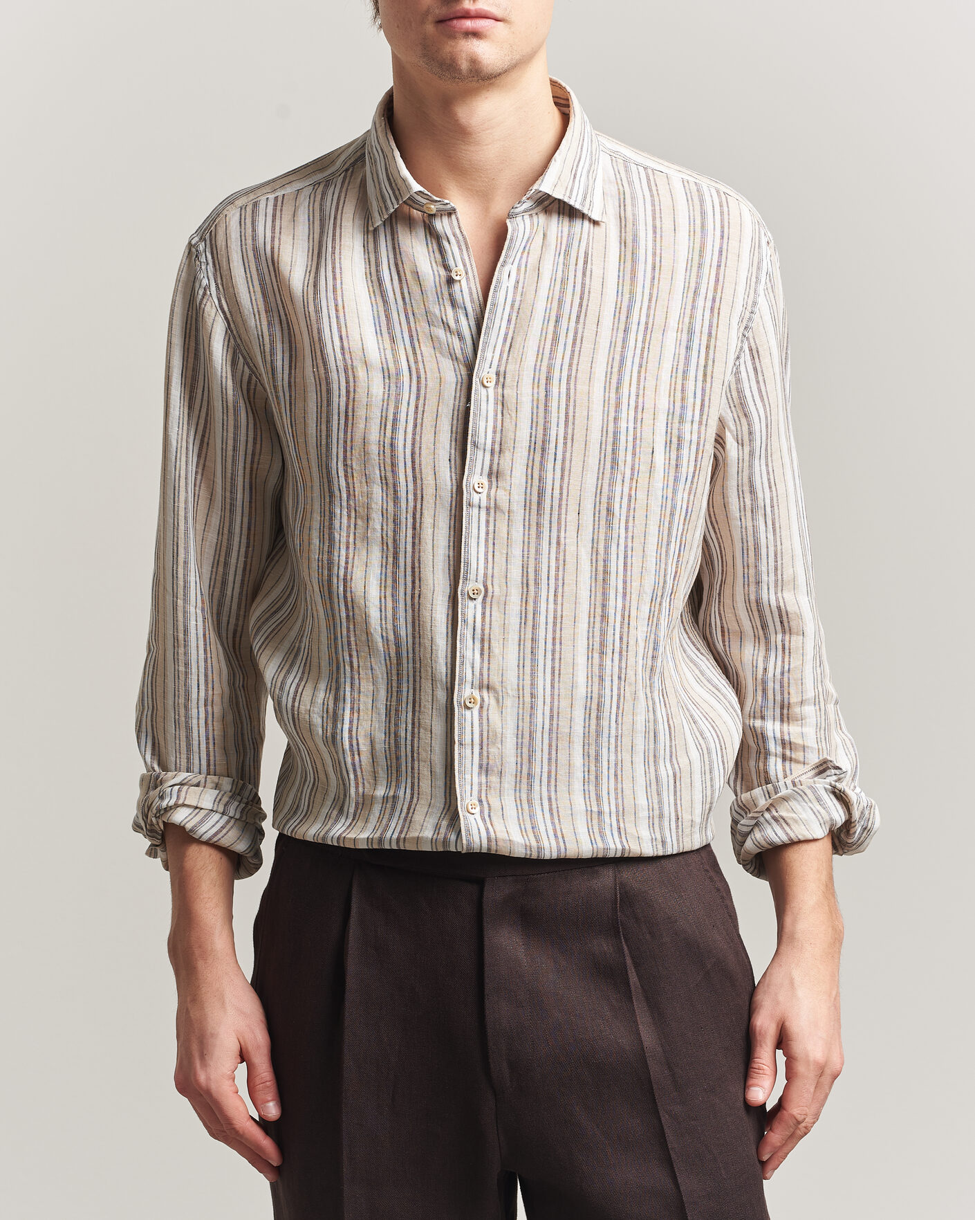 Herre | Skjorter | Stenströms | Regular Fit Multi Striped Linen Shirt Brown