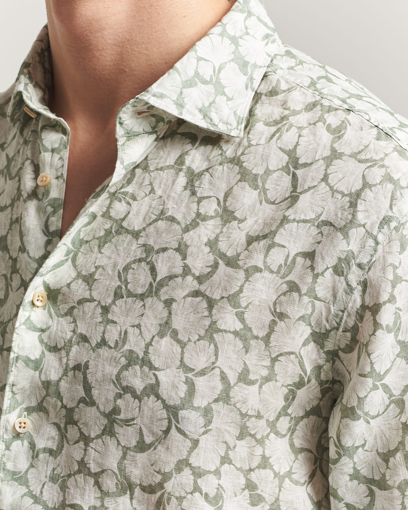 Herre | Skjorter | Stenströms | Regular Fit Flower Printed Linen Shirt Green
