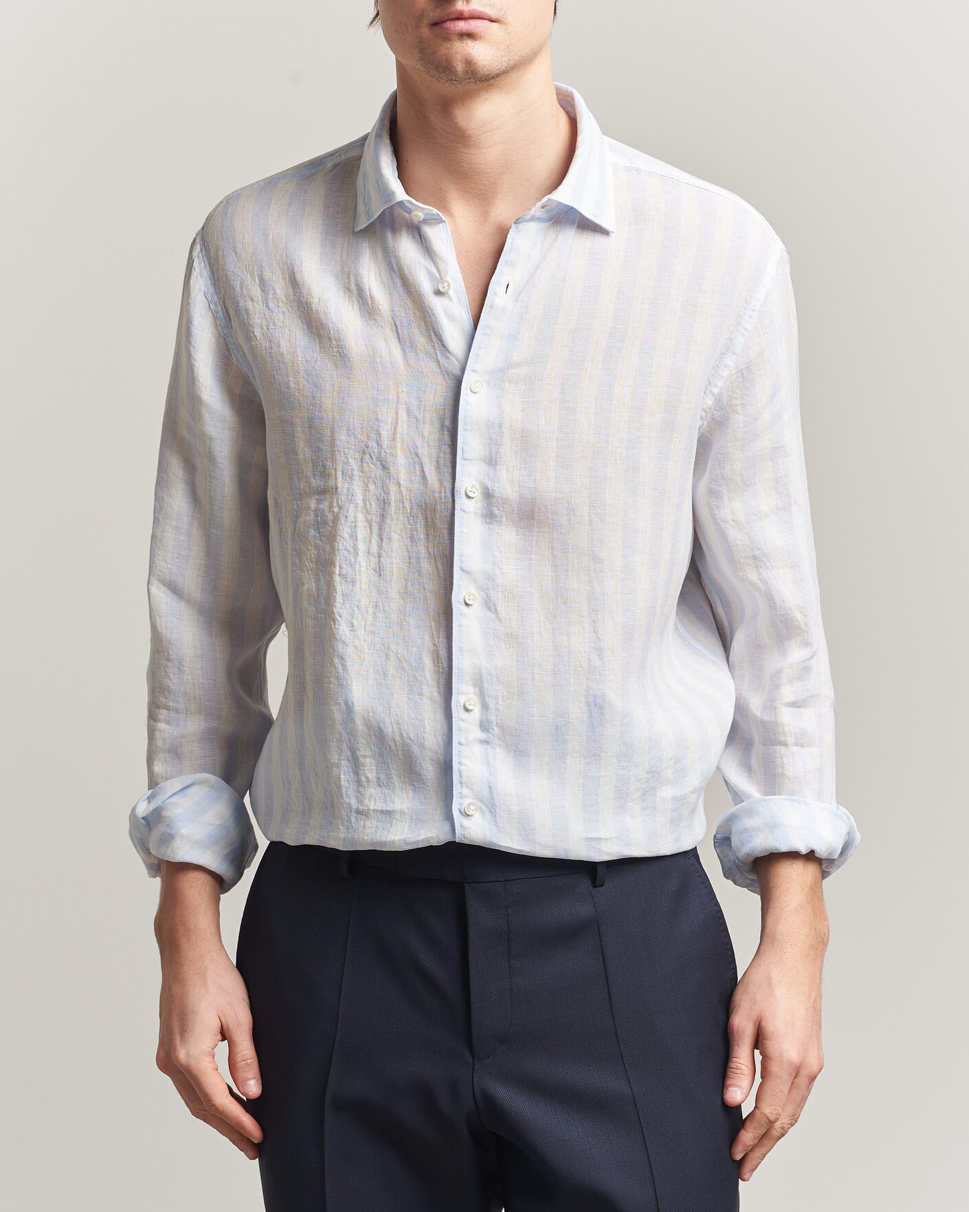 Herre | Skjorter | Stenströms | Regular Fit Wide Stripe Linen Shirt Light Blue