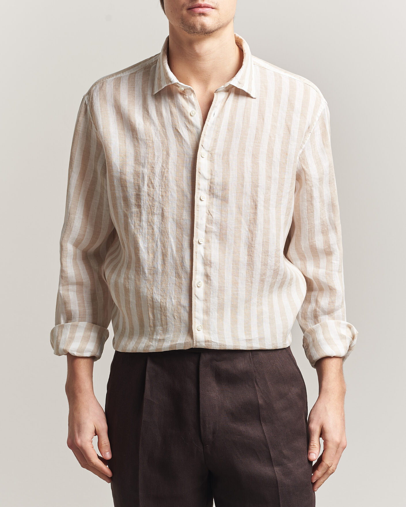 Herre | Skjorter | Stenströms | Regular Fit Wide Stripe Linen Shirt Beige