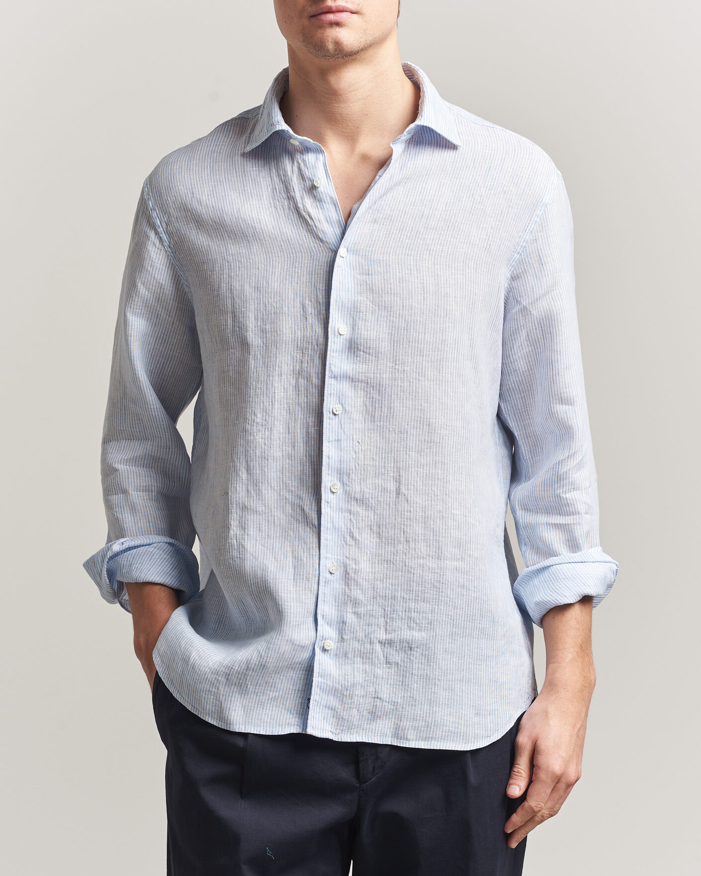 Herre | Skjorter | Stenströms | Regular Fit Thin Striped Linen Shirt Light Blue
