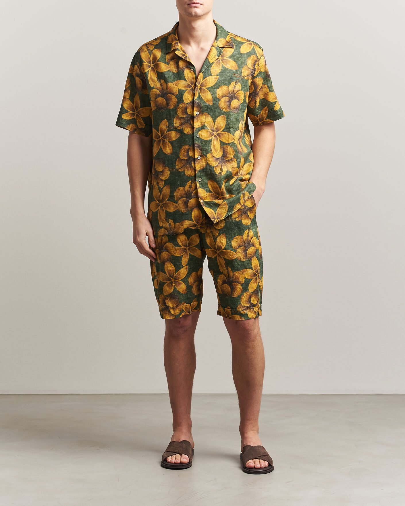 Herre | Skjorter | Stenströms | Flower Printed Short Sleeve Linen Shirt Green