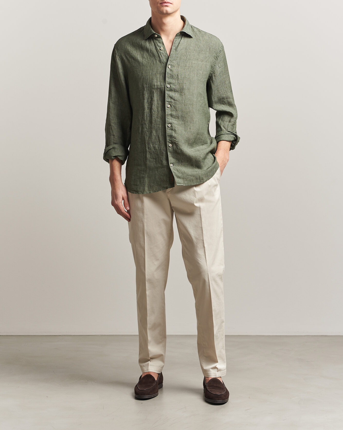 Herre | Skjorter | Stenströms | Regular Fit Cut Away Linen Shirt Green