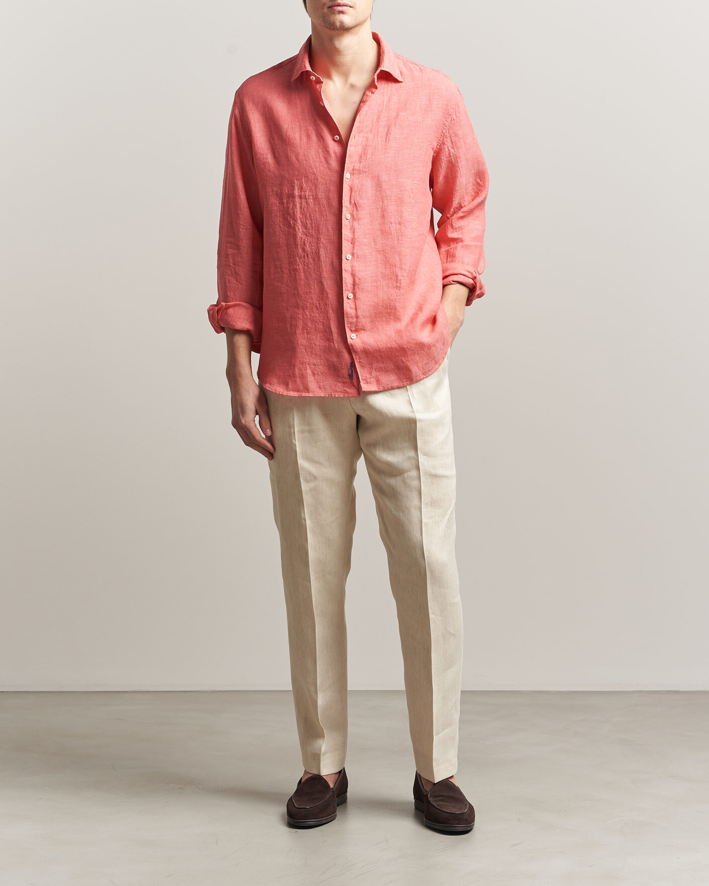 Herre | Skjorter | Stenströms | Regular Fit Cut Away Linen Shirt Raspberry