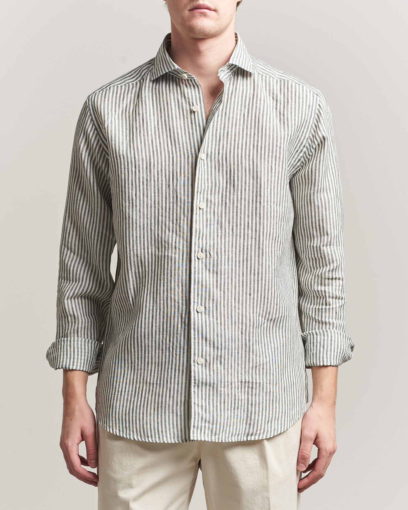 Herre | Skjorter | Eton | Casual Fit Striped Linen Shirt Dark Green