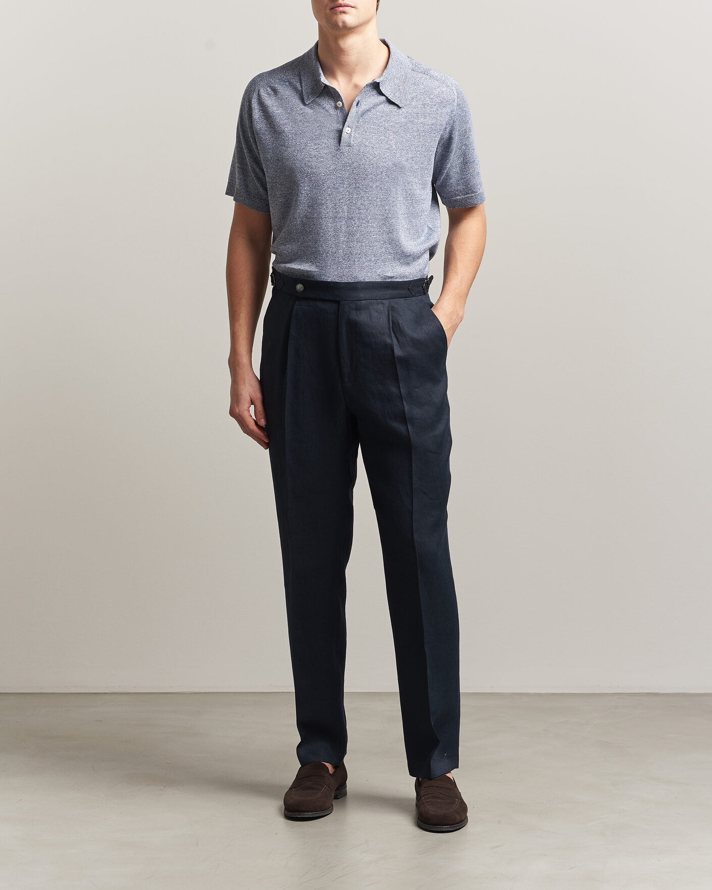 Herre | Pikéer | Eton | Cotton Linen Fine Knit Polo Blue