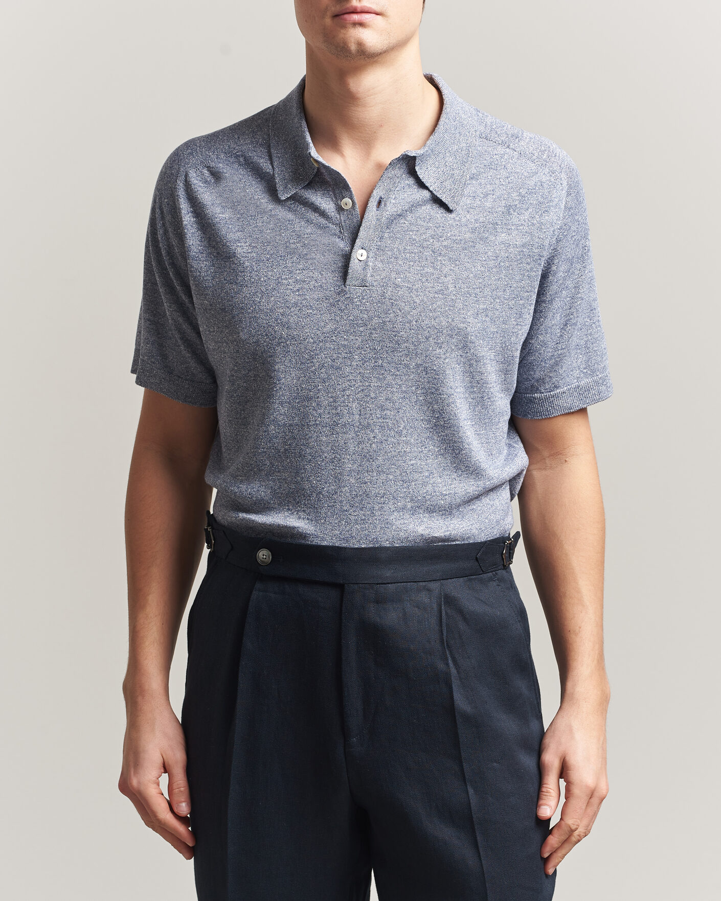 Herre | Pikéer | Eton | Cotton Linen Fine Knit Polo Blue