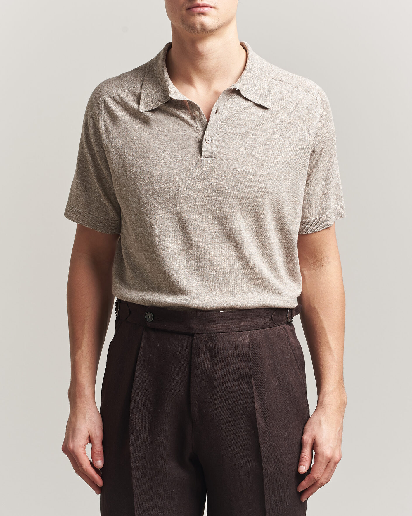Herre | Pikéer | Eton | Cotton Linen Fine Knit Polo Beige