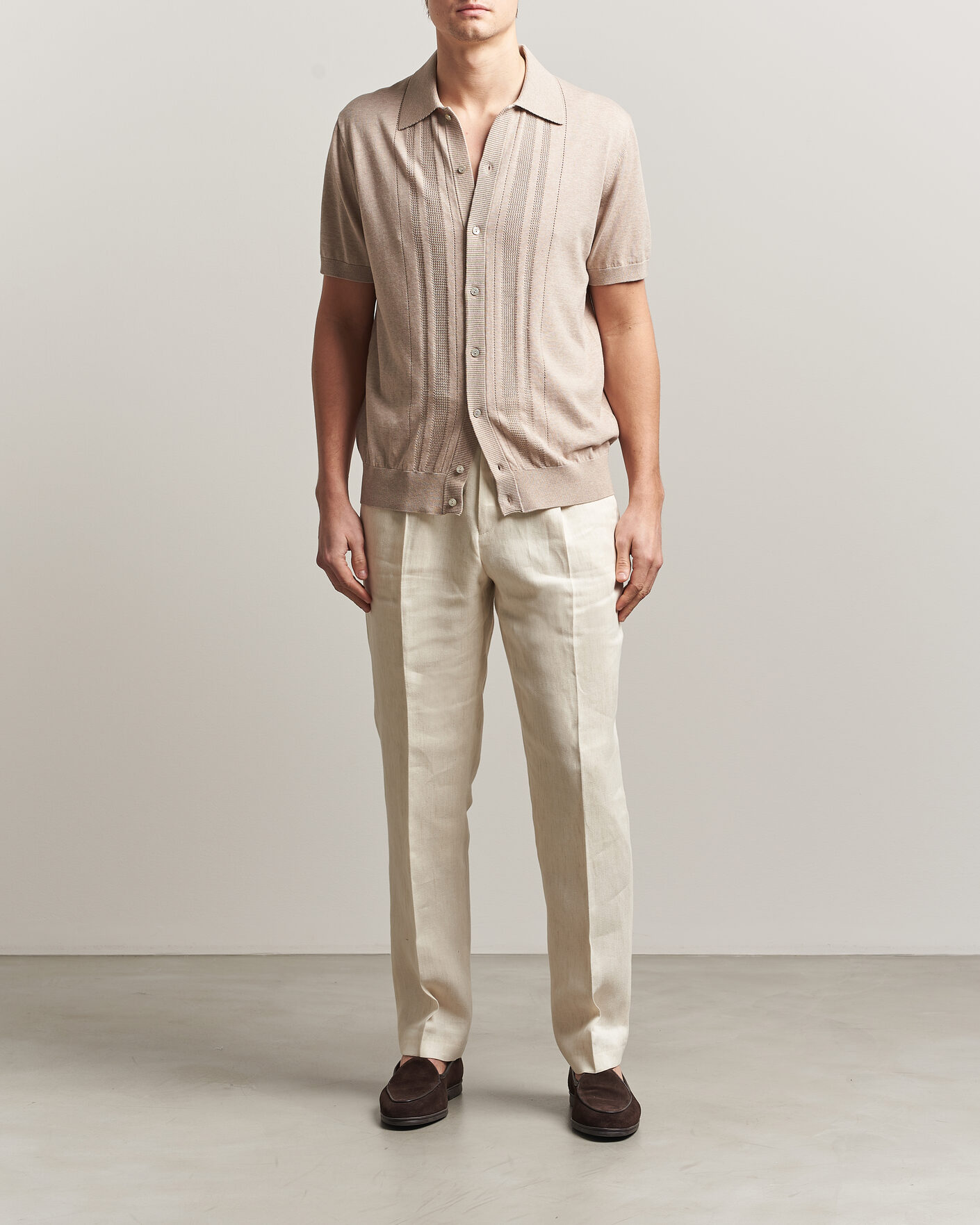 Herre | Skjorter | Eton | Cotton Structured Knitted Short Sleeve Shirt Beige