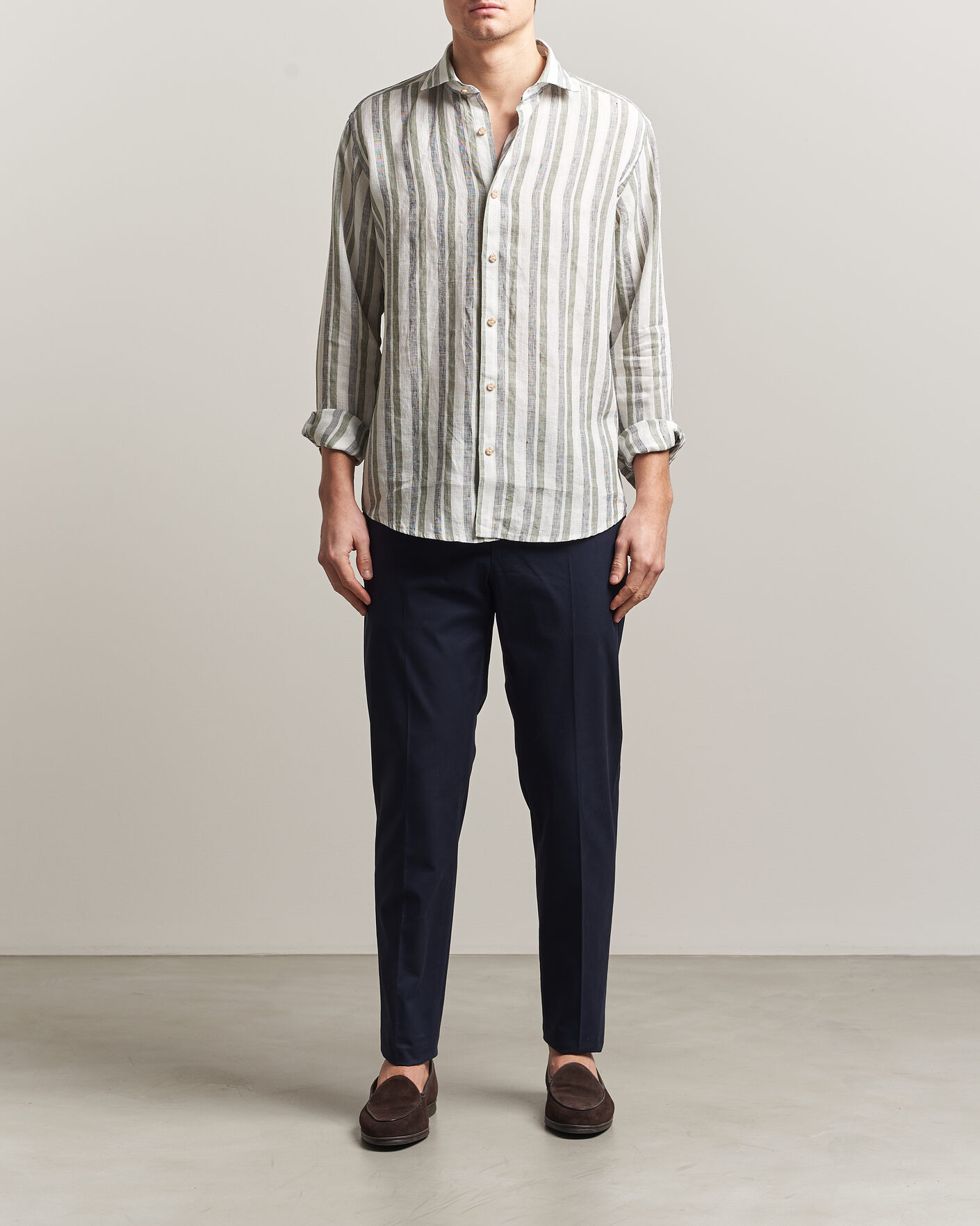 Herre | Skjorter | Eton | Casual Fit Striped Linen Shirt Dark Green