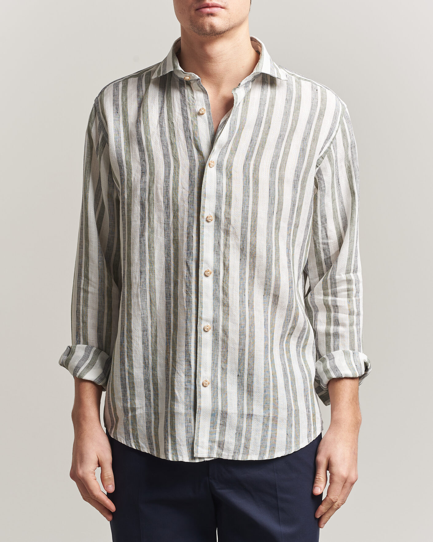 Herre | Skjorter | Eton | Casual Fit Striped Linen Shirt Dark Green