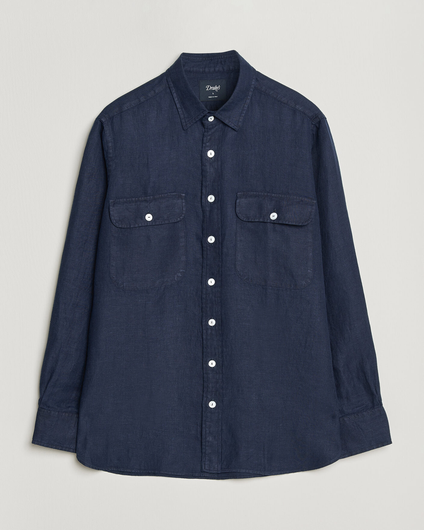 Herre | Skjorter | Drake's | Linen Twill Deep Pocket Work Shirt Navy