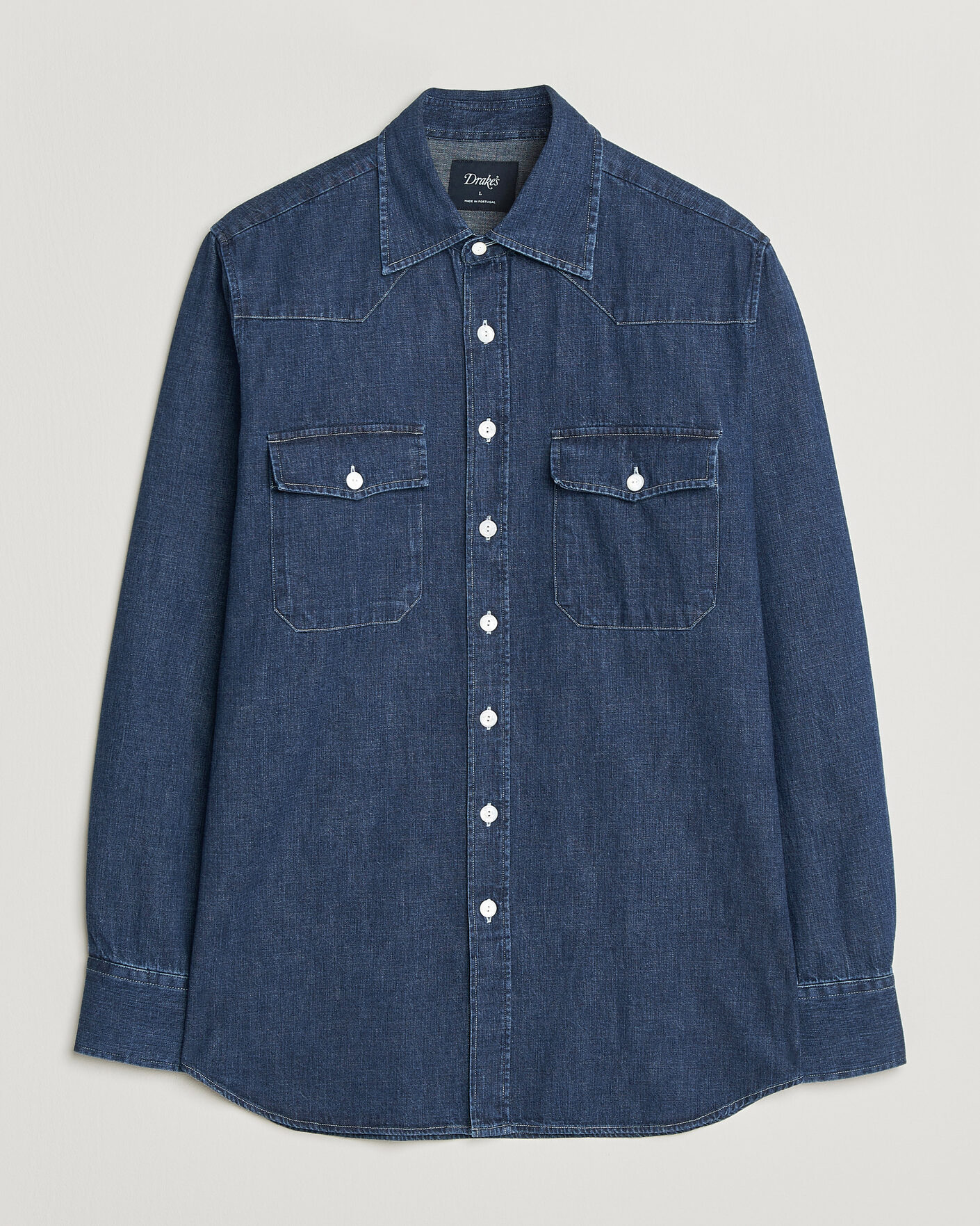 Herre | Skjorter | Drake's | Light Denim Western Shirt Stone Wash