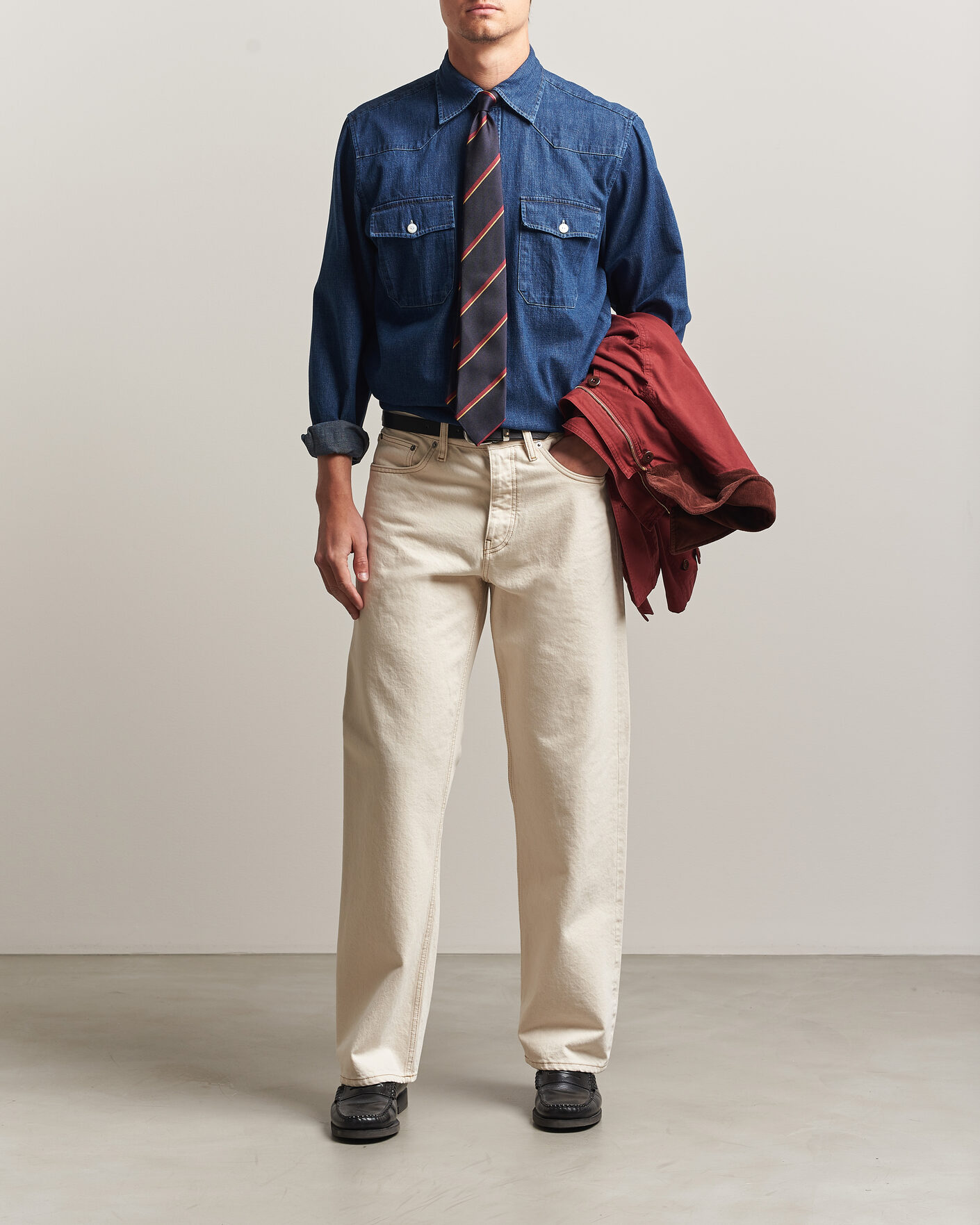 Herre | Skjorter | Drake's | Light Denim Western Shirt Stone Wash