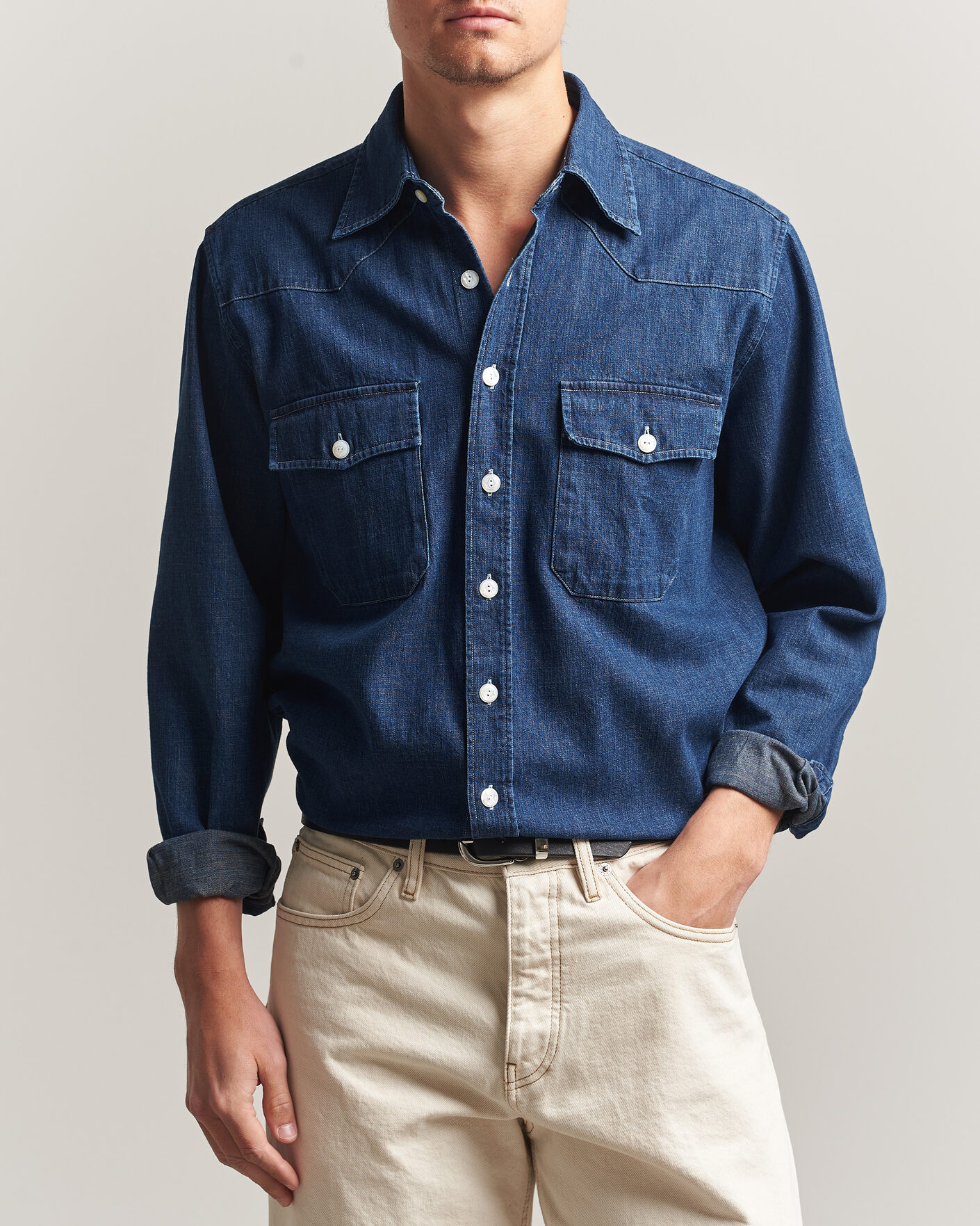Herre | Skjorter | Drake's | Light Denim Western Shirt Stone Wash