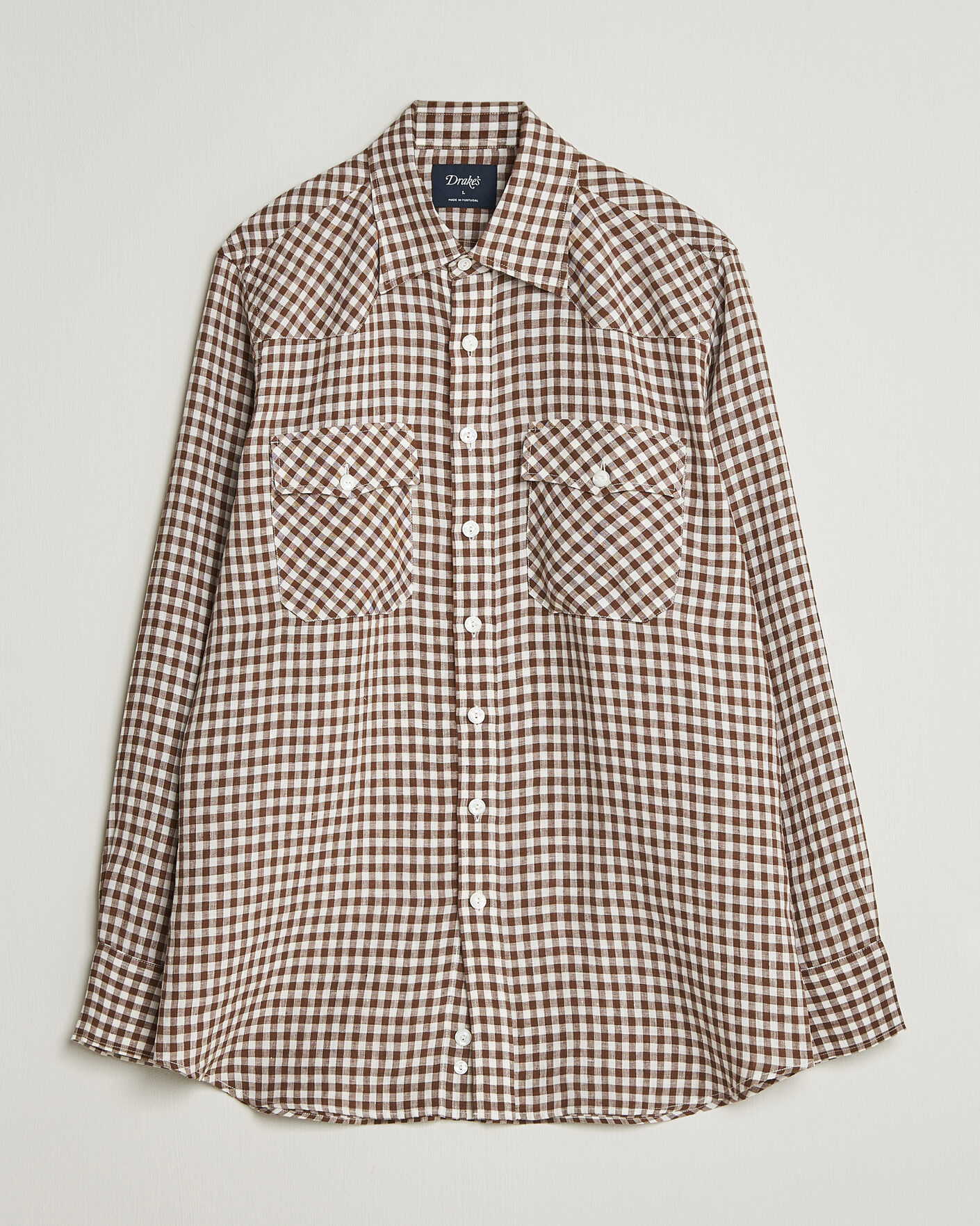 Herre | Skjorter | Drake's | Linen Gingham Western Shirt Brown/White