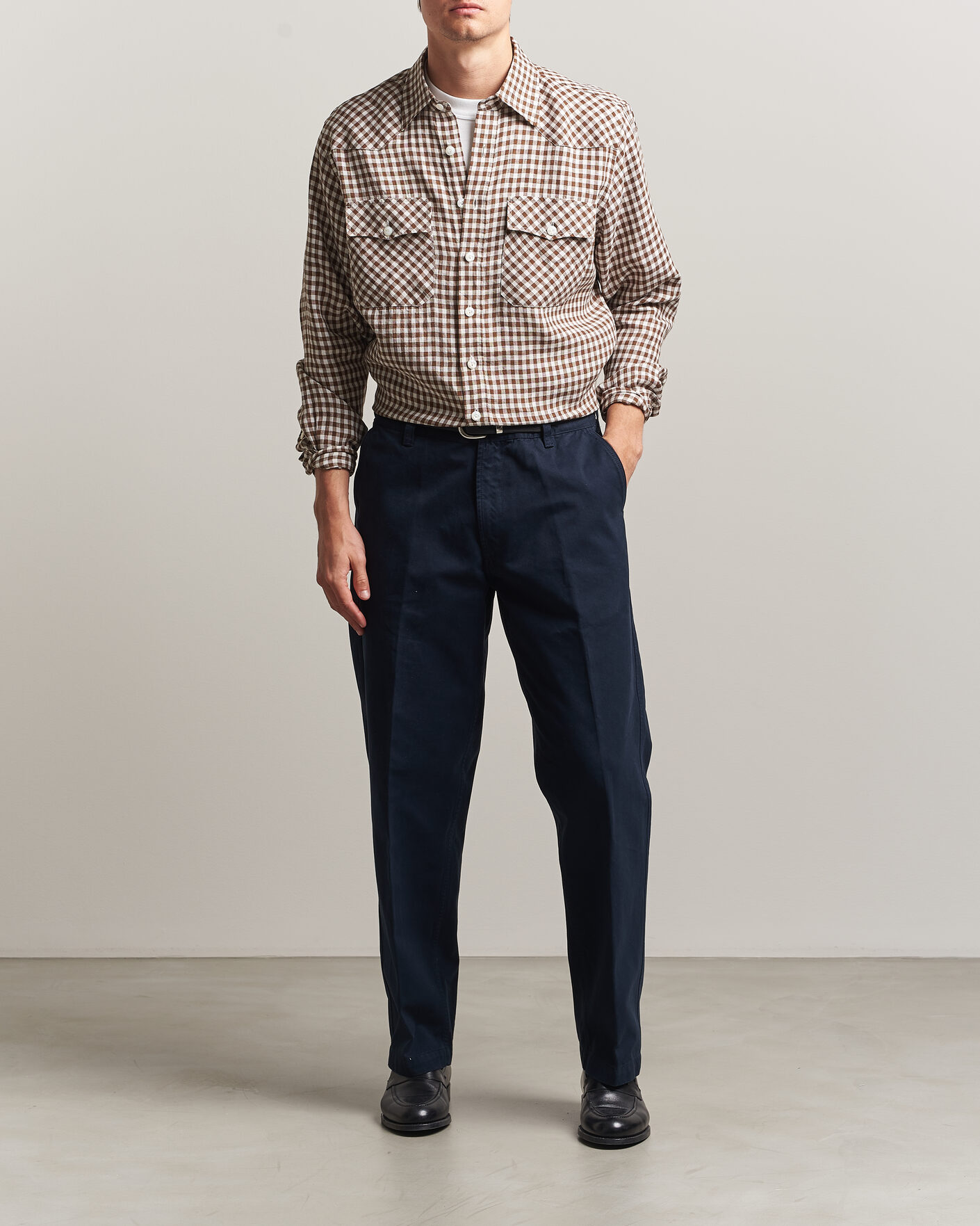 Herre | Skjorter | Drake's | Linen Gingham Western Shirt Brown/White