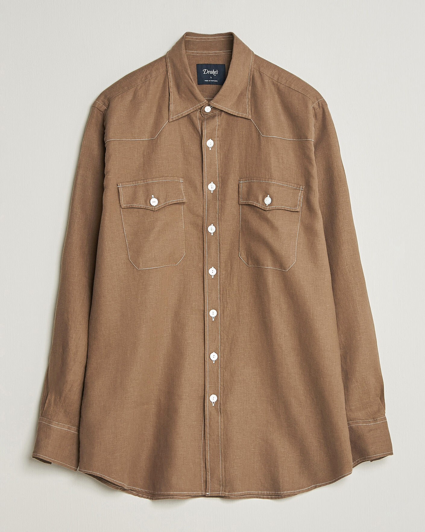 Herre | Skjorter | Drake's | Solid Linen Western Shirt Brown