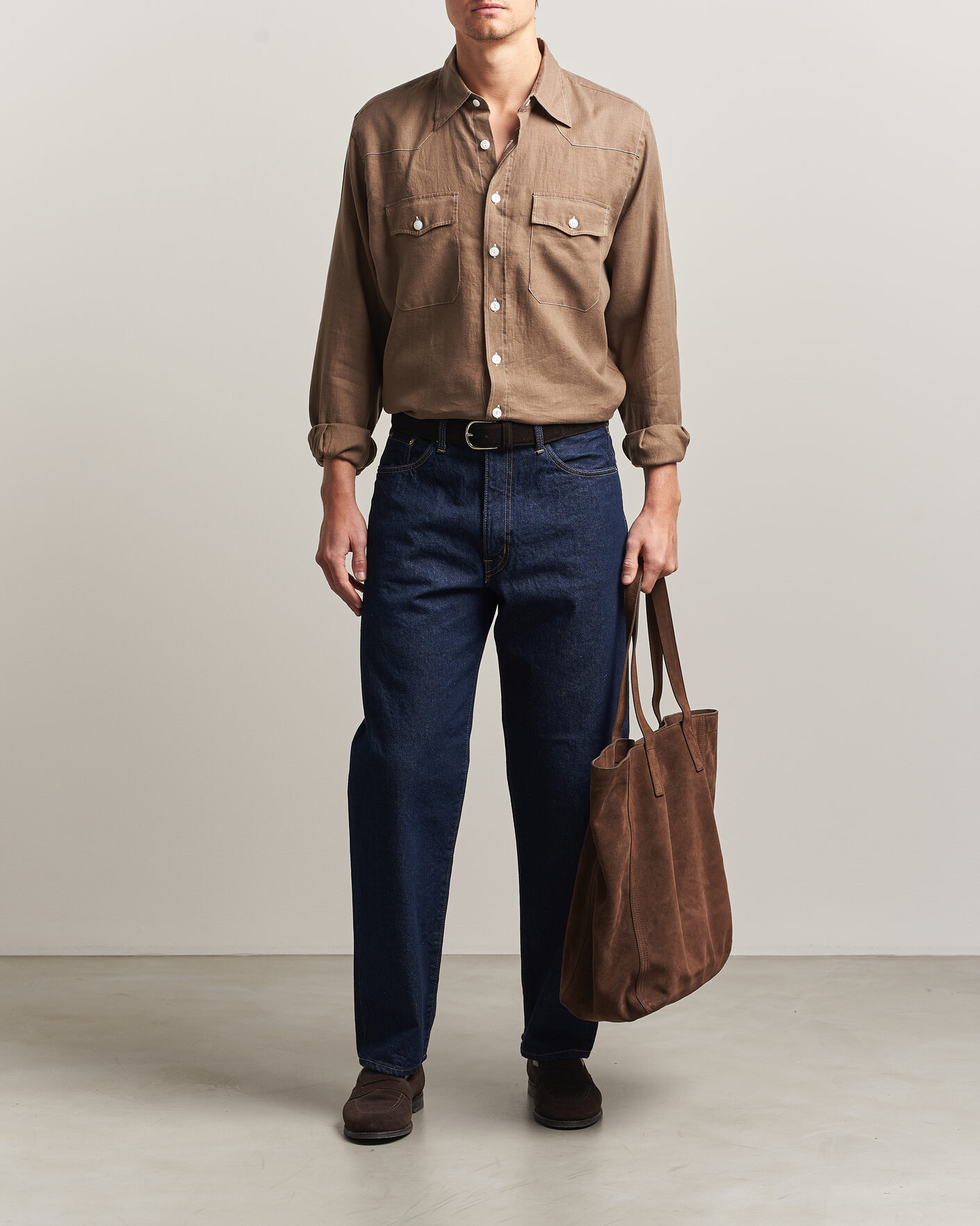 Herre | Skjorter | Drake's | Solid Linen Western Shirt Brown