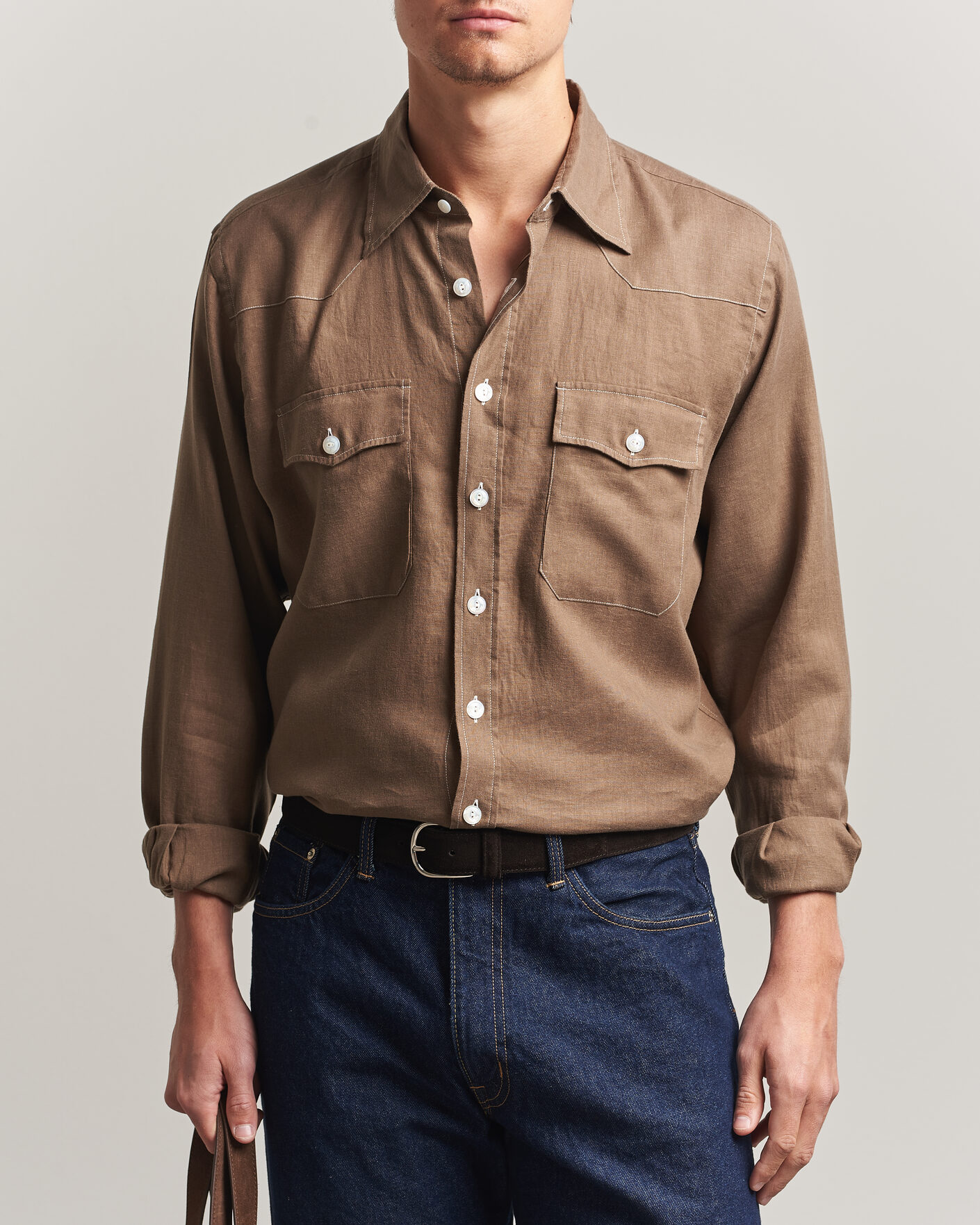Herre | Skjorter | Drake's | Solid Linen Western Shirt Brown