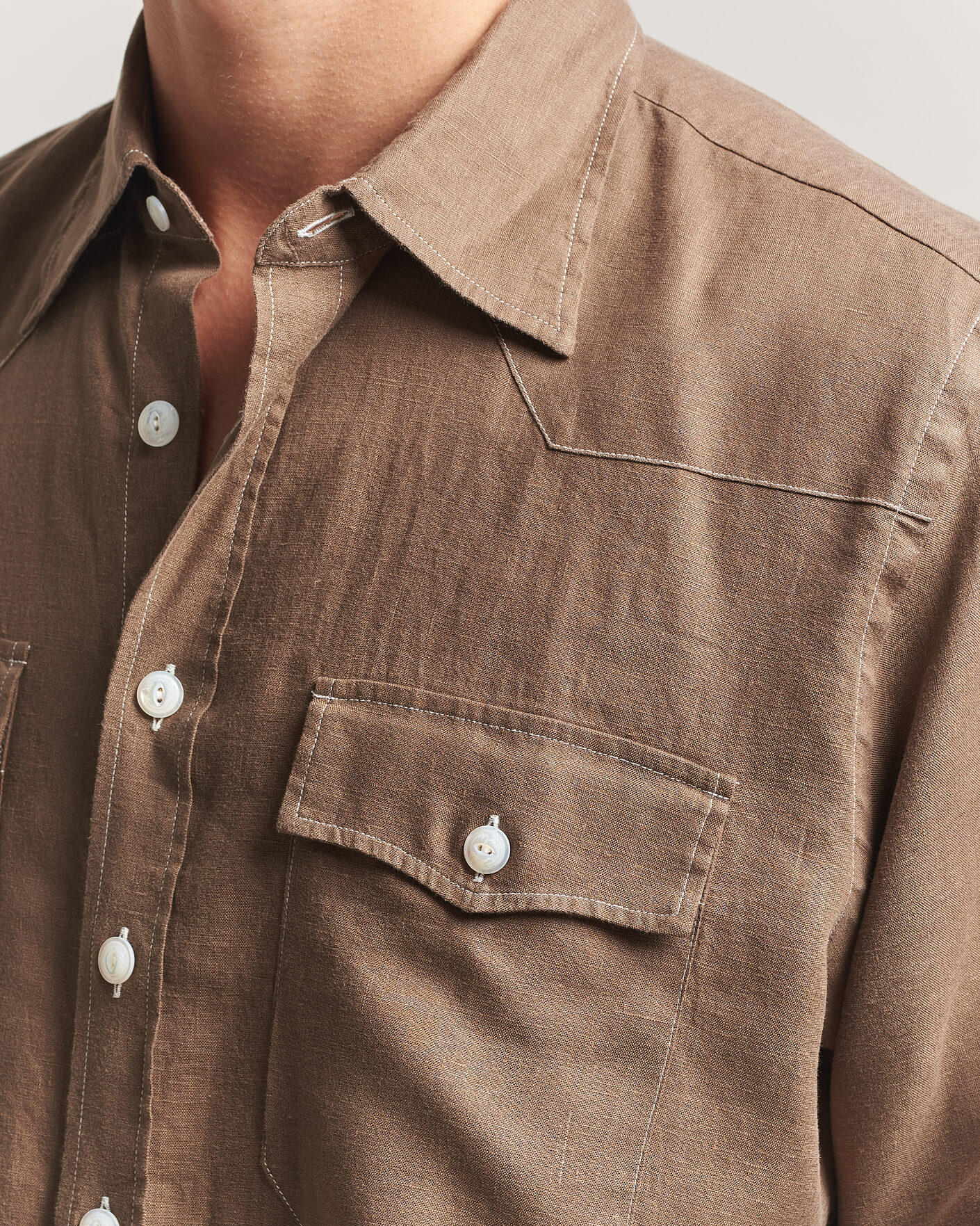 Herre | Skjorter | Drake's | Solid Linen Western Shirt Brown