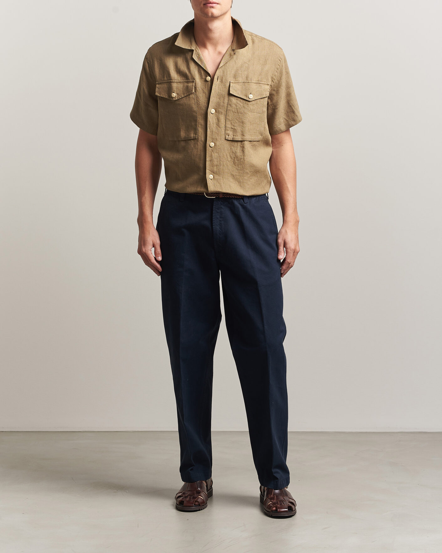 Herre | Skjorter | Drake's | Military Short Sleeve Camp Collar Shirt Khaki