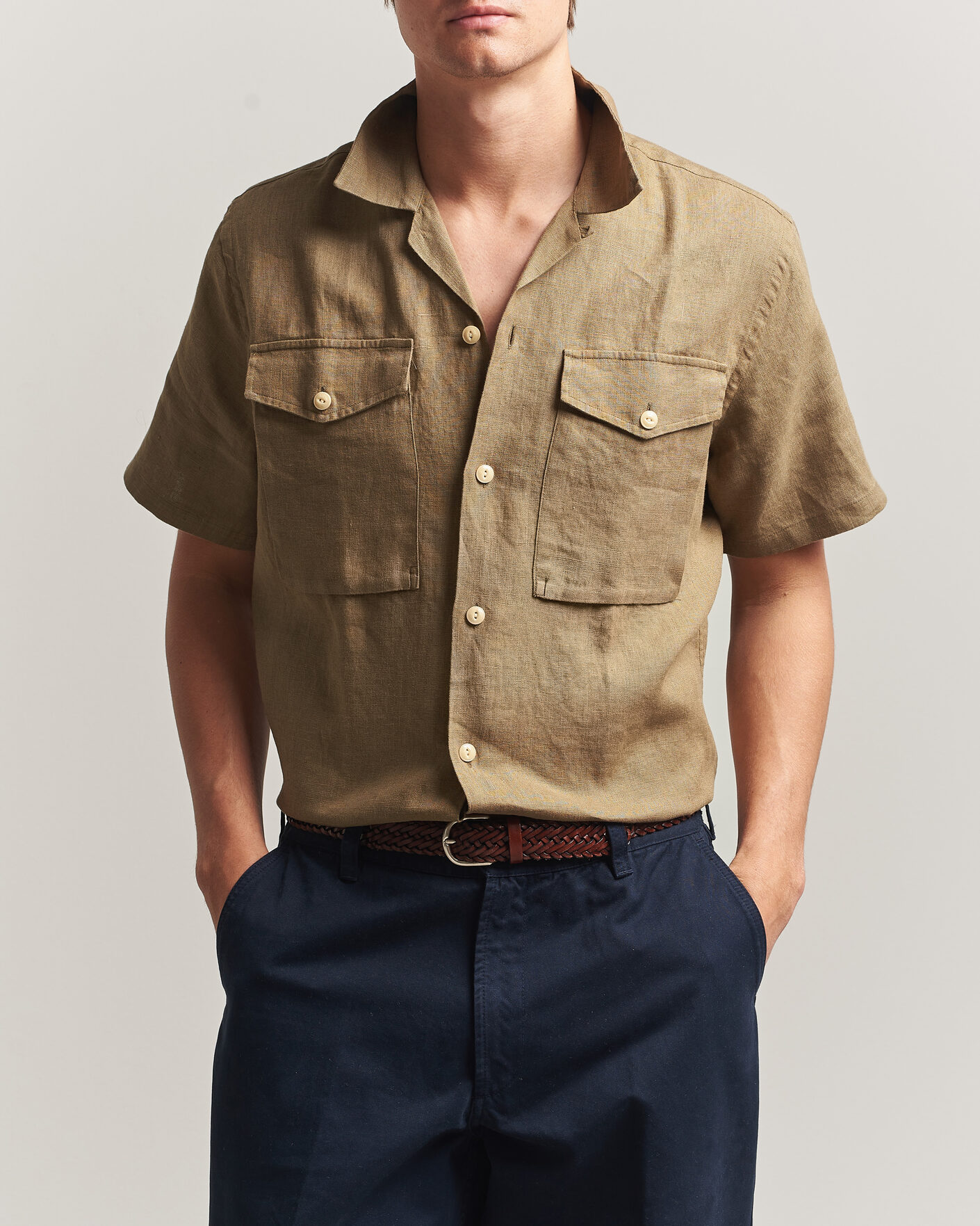 Herre | Skjorter | Drake's | Military Short Sleeve Camp Collar Shirt Khaki