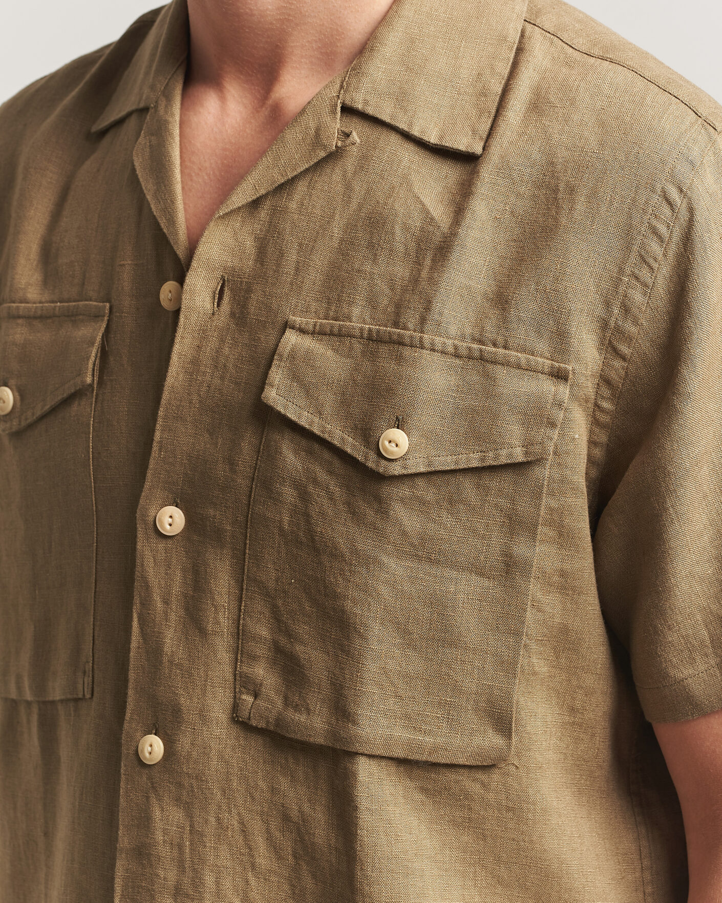 Herre | Skjorter | Drake's | Military Short Sleeve Camp Collar Shirt Khaki