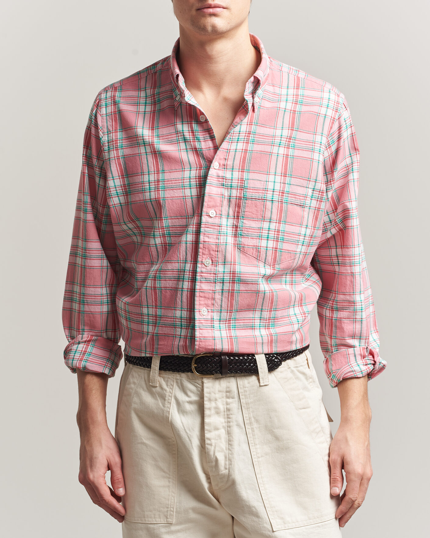 Herre | Skjorter | Drake's | Madrass Checked Button Down Shirt Pink
