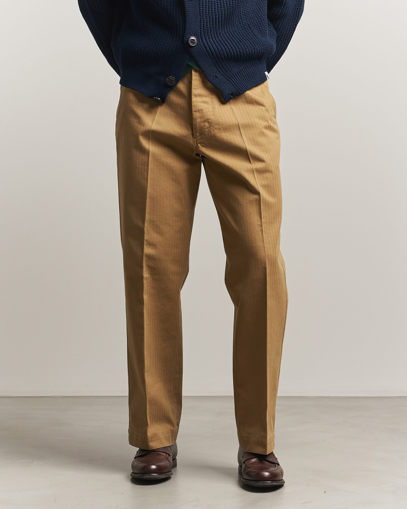 Herre | Bukser | Drake's | Herringbone Wide Leg Chino Khaki