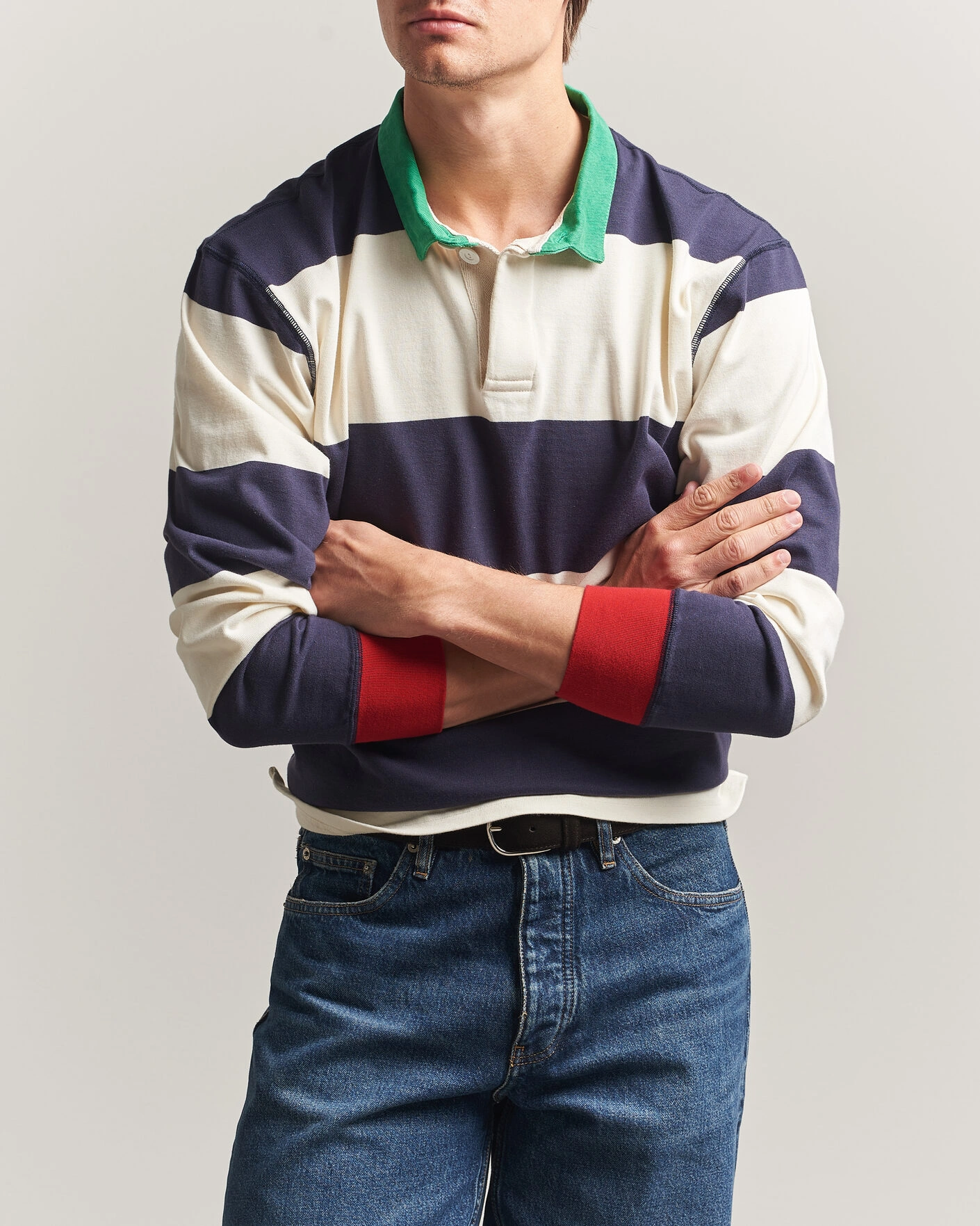 Herre | Gensere | Drake's | Dual Block Stripe Rugby Whie/Navy