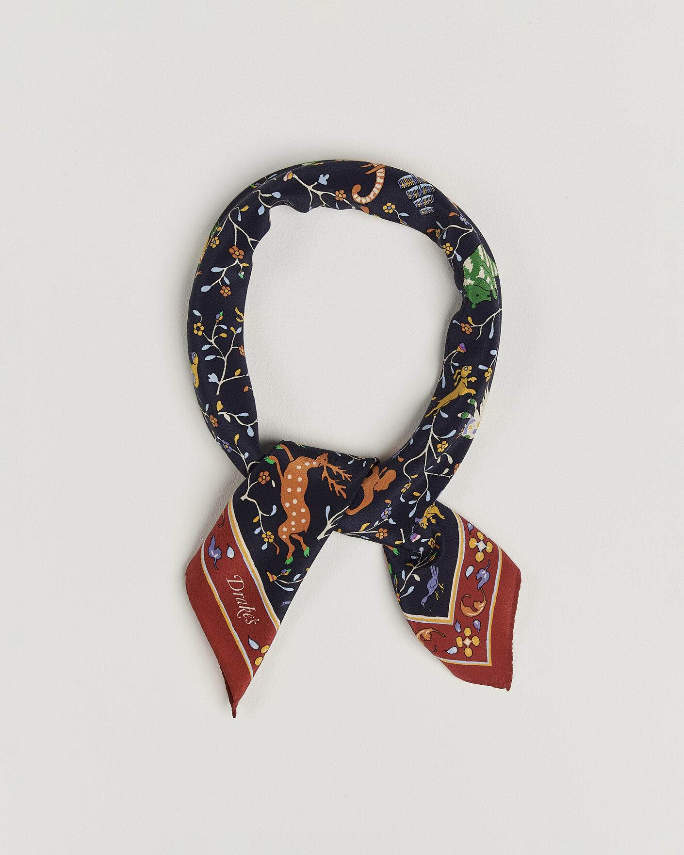 Herre | Scarves | Drake's | Animals And Flowers Print Crepe Silk Bandana Blue