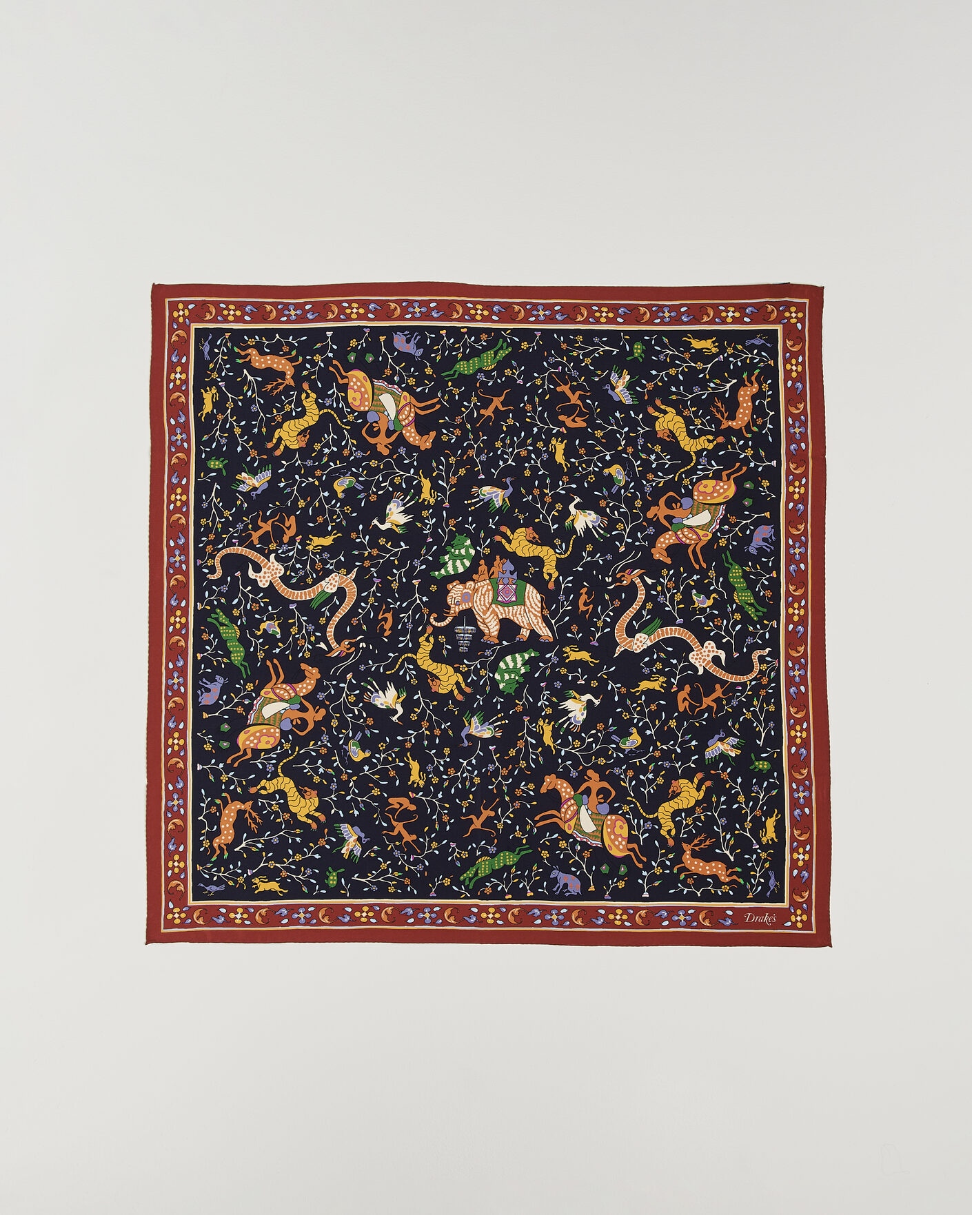 Herre | Scarves | Drake's | Animals And Flowers Print Crepe Silk Bandana Blue