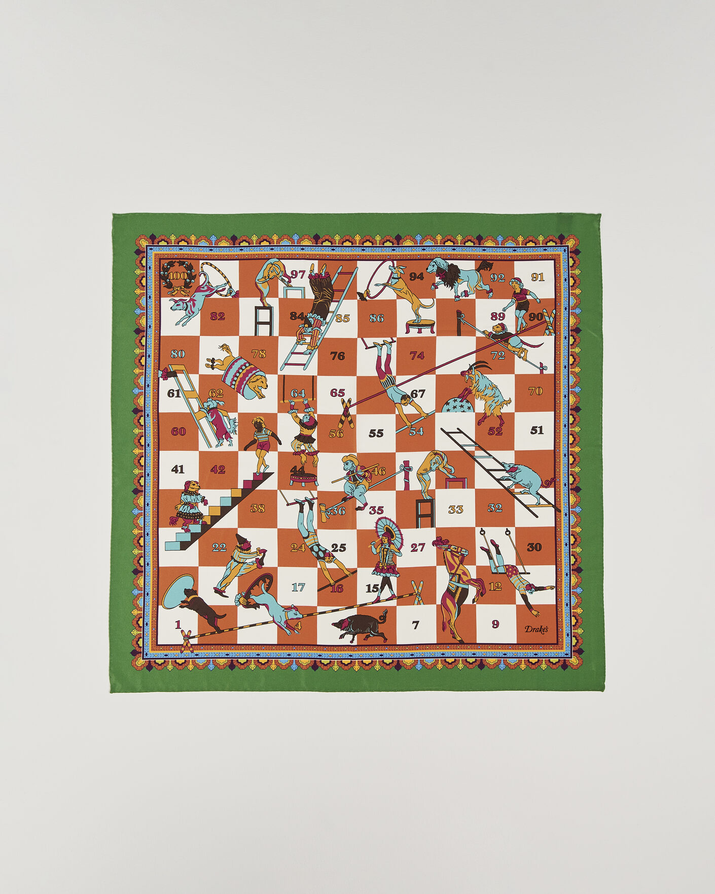 Herre | Scarves | Drake's | Snakes & Ladders Print Crepe Silk Bandana Green