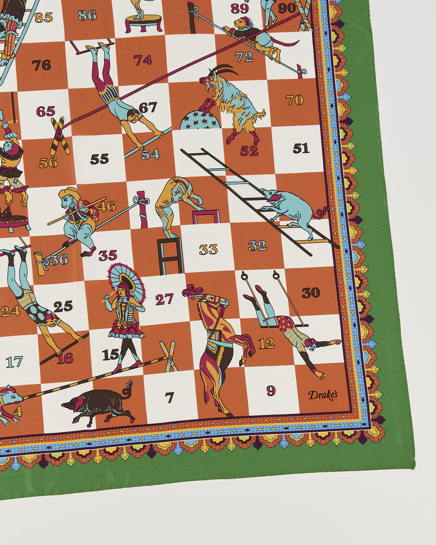 Herre | Scarves | Drake's | Snakes & Ladders Print Crepe Silk Bandana Green