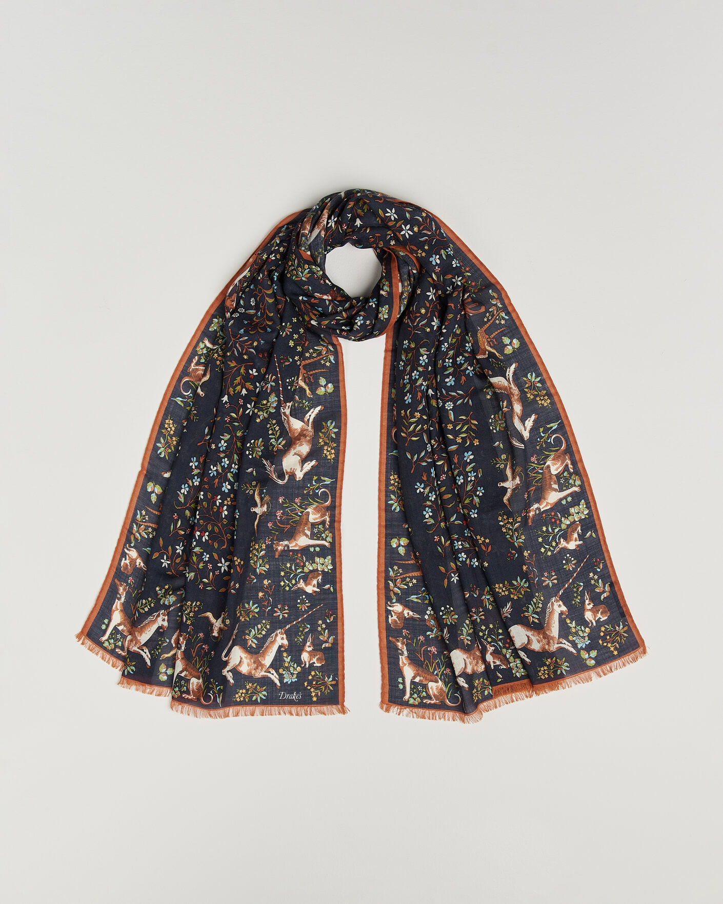 Herre | Scarves | Drake's | Unicorn Garden Wool/Silk Print Scarf Navy