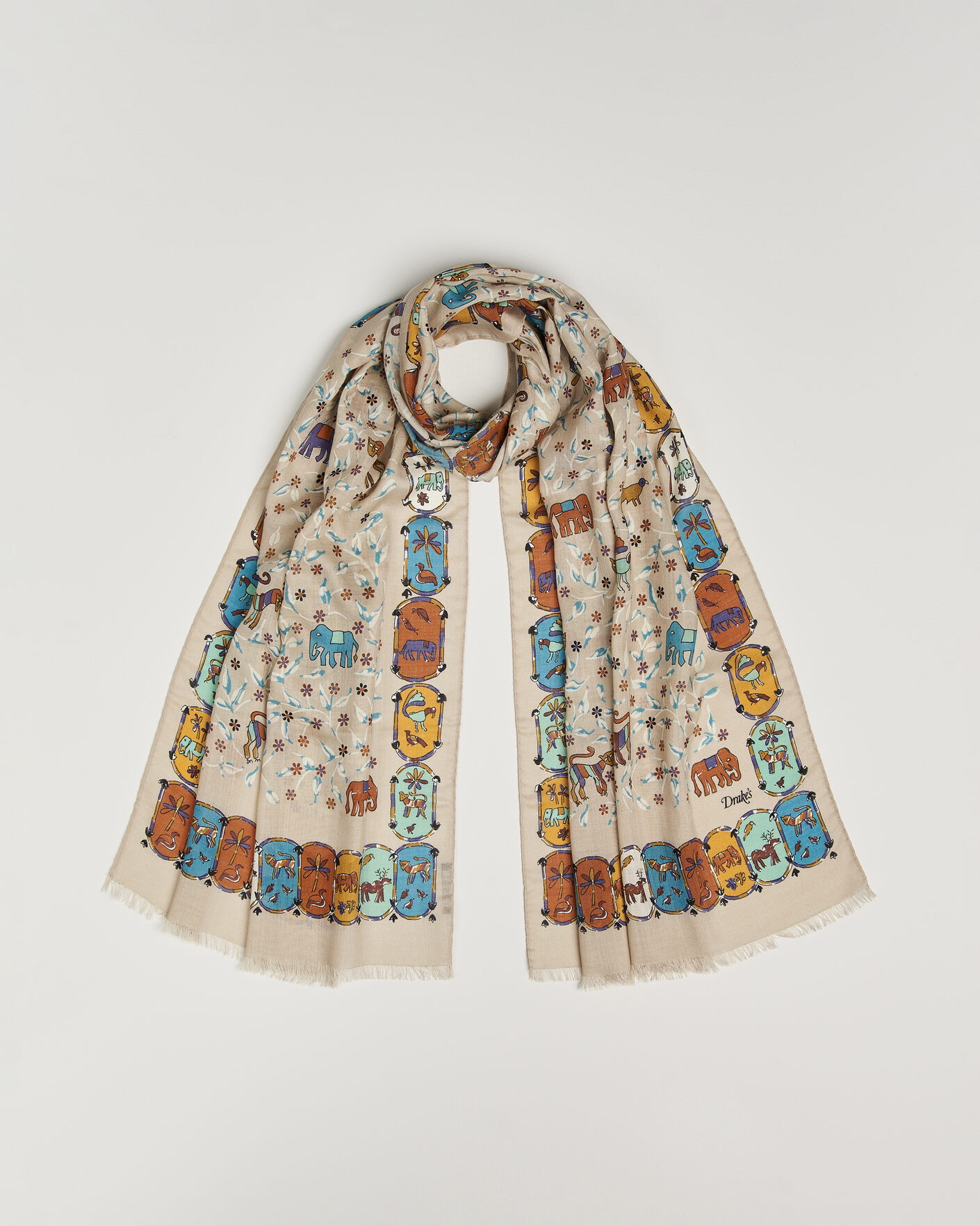 Herre | Drake's Loose Animal Wool/Silk Print Scarf Beige | Drake's | Loose Animal Wool/Silk Print Scarf Beige
