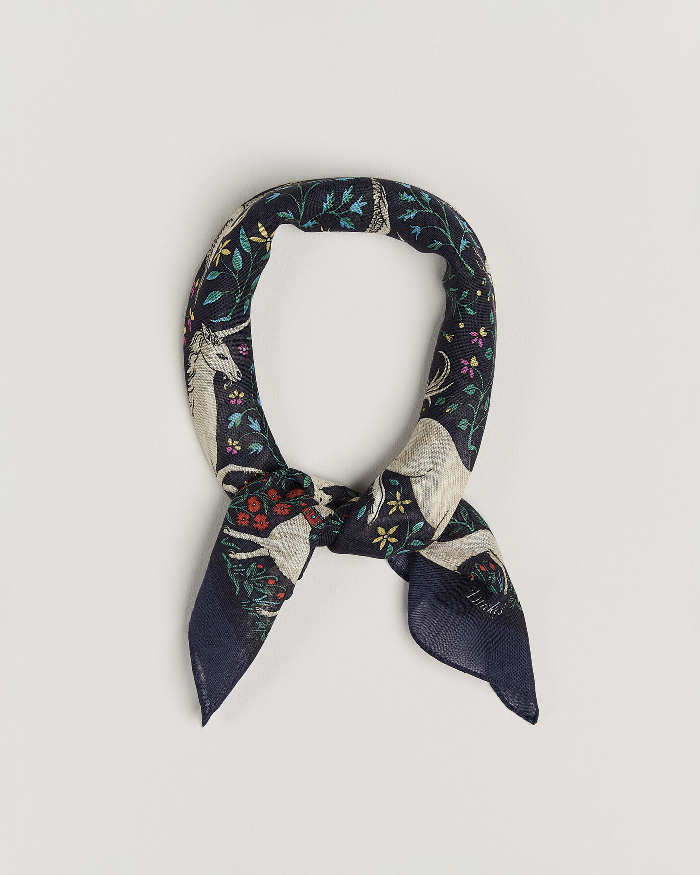 Herre | Scarves | Drake's | Unicorn Print Wool/Silk Bandana Navy