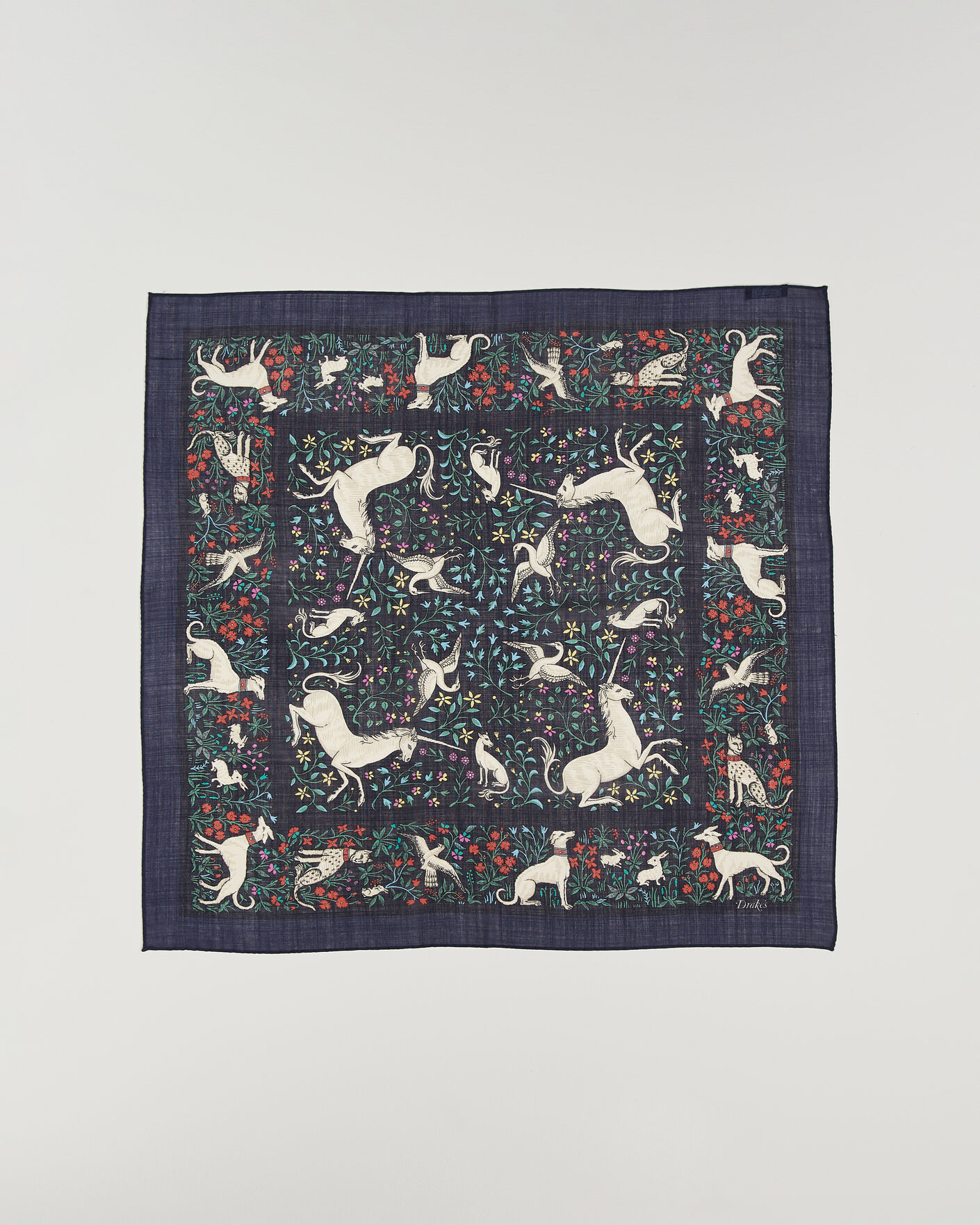 Herre | Scarves | Drake's | Unicorn Print Wool/Silk Bandana Navy