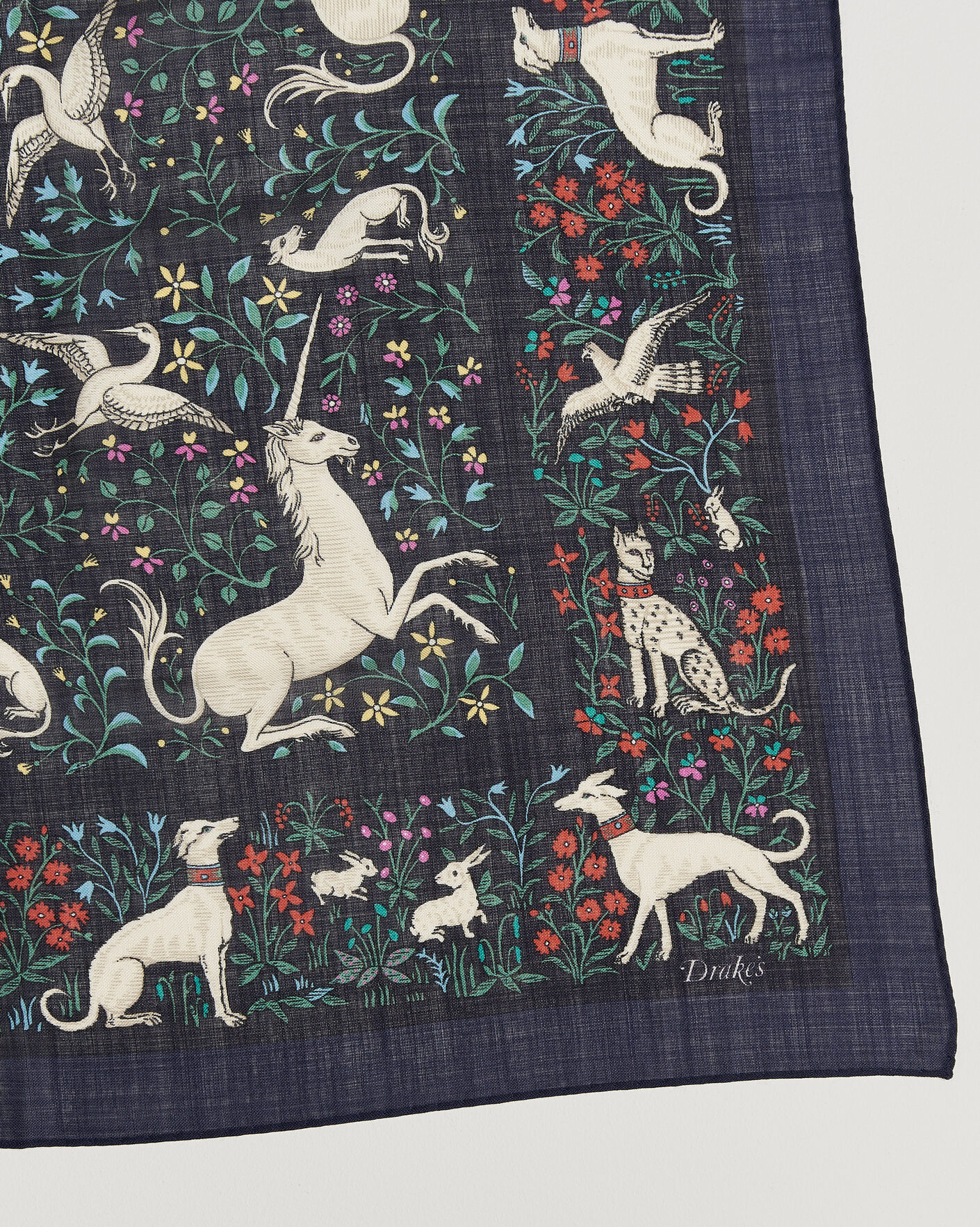 Herre | Scarves | Drake's | Unicorn Print Wool/Silk Bandana Navy