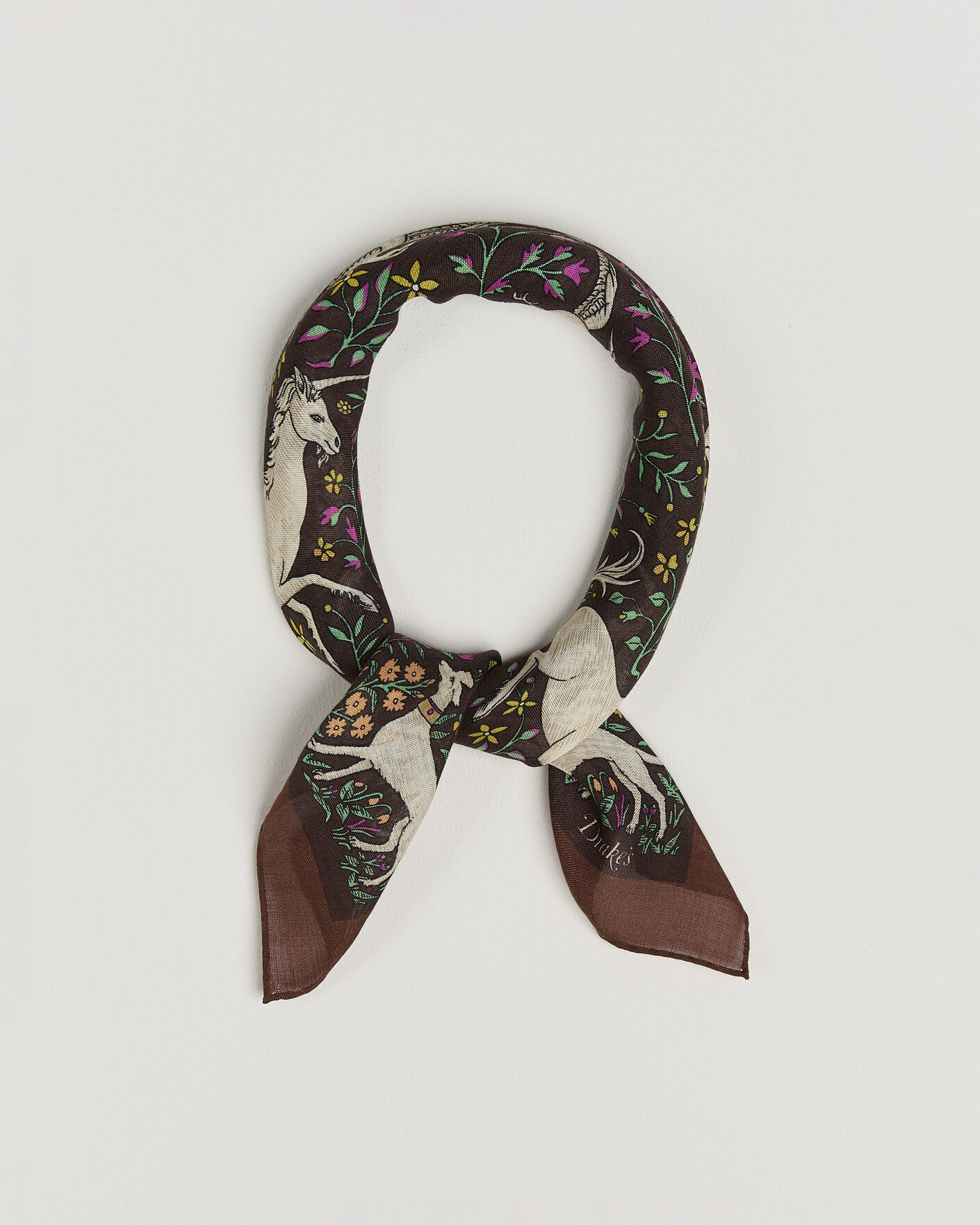Herre | Scarves | Drake's | Unicorn Print Wool/Silk Bandana Brown