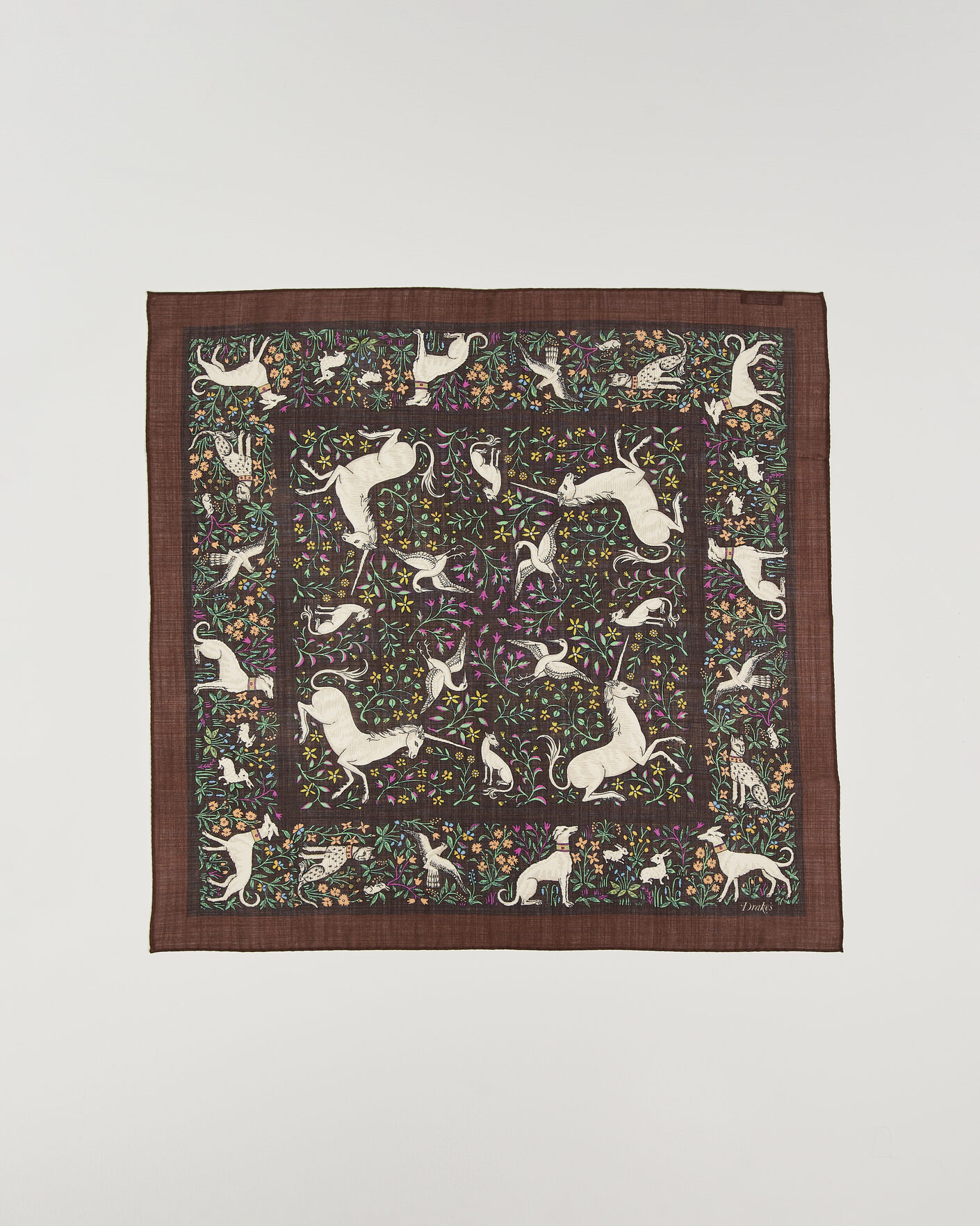 Herre | Scarves | Drake's | Unicorn Print Wool/Silk Bandana Brown