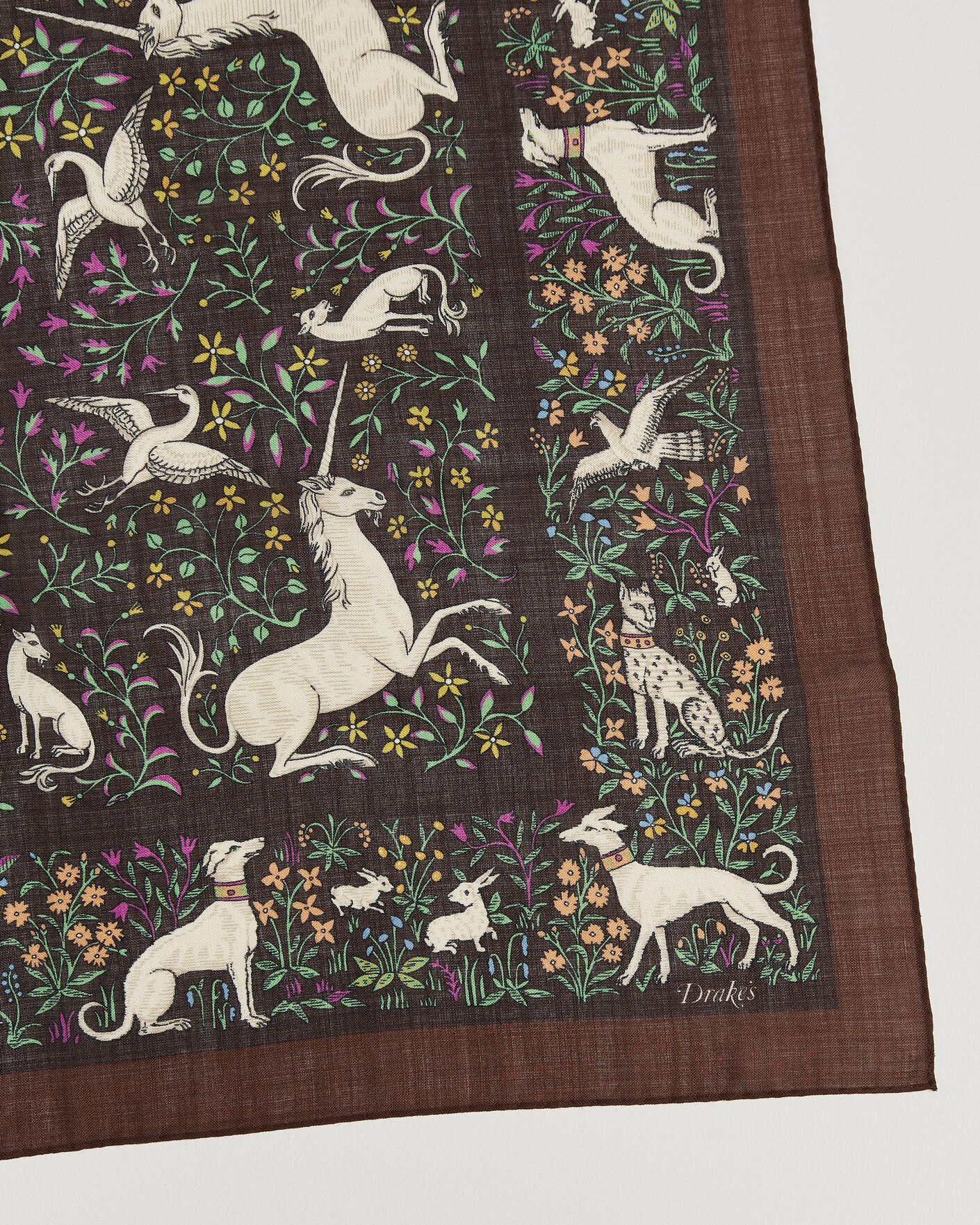 Herre | Scarves | Drake's | Unicorn Print Wool/Silk Bandana Brown