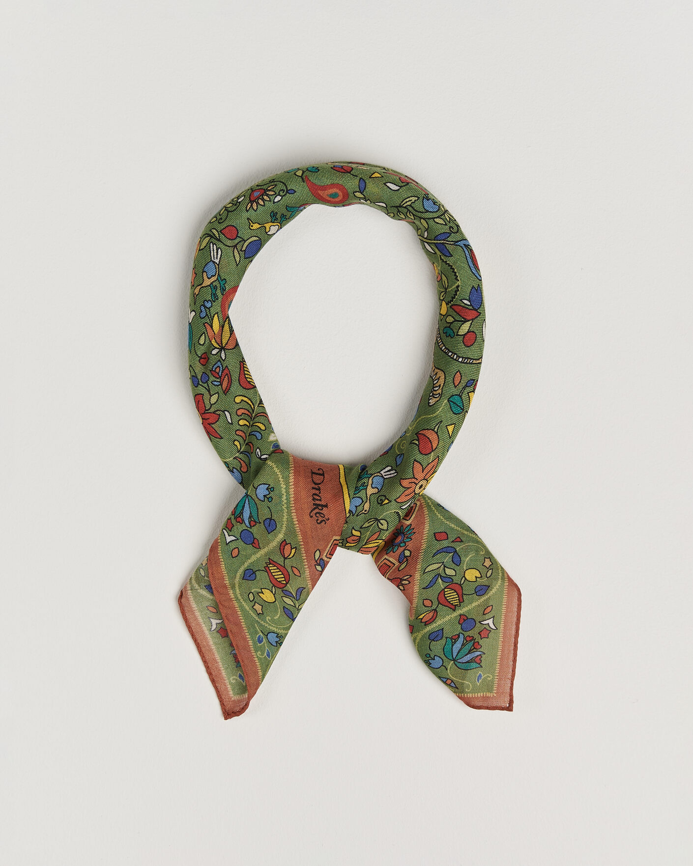 Herre | Scarves | Drake's | Tiger Garden Wool/Silk Bandana Green