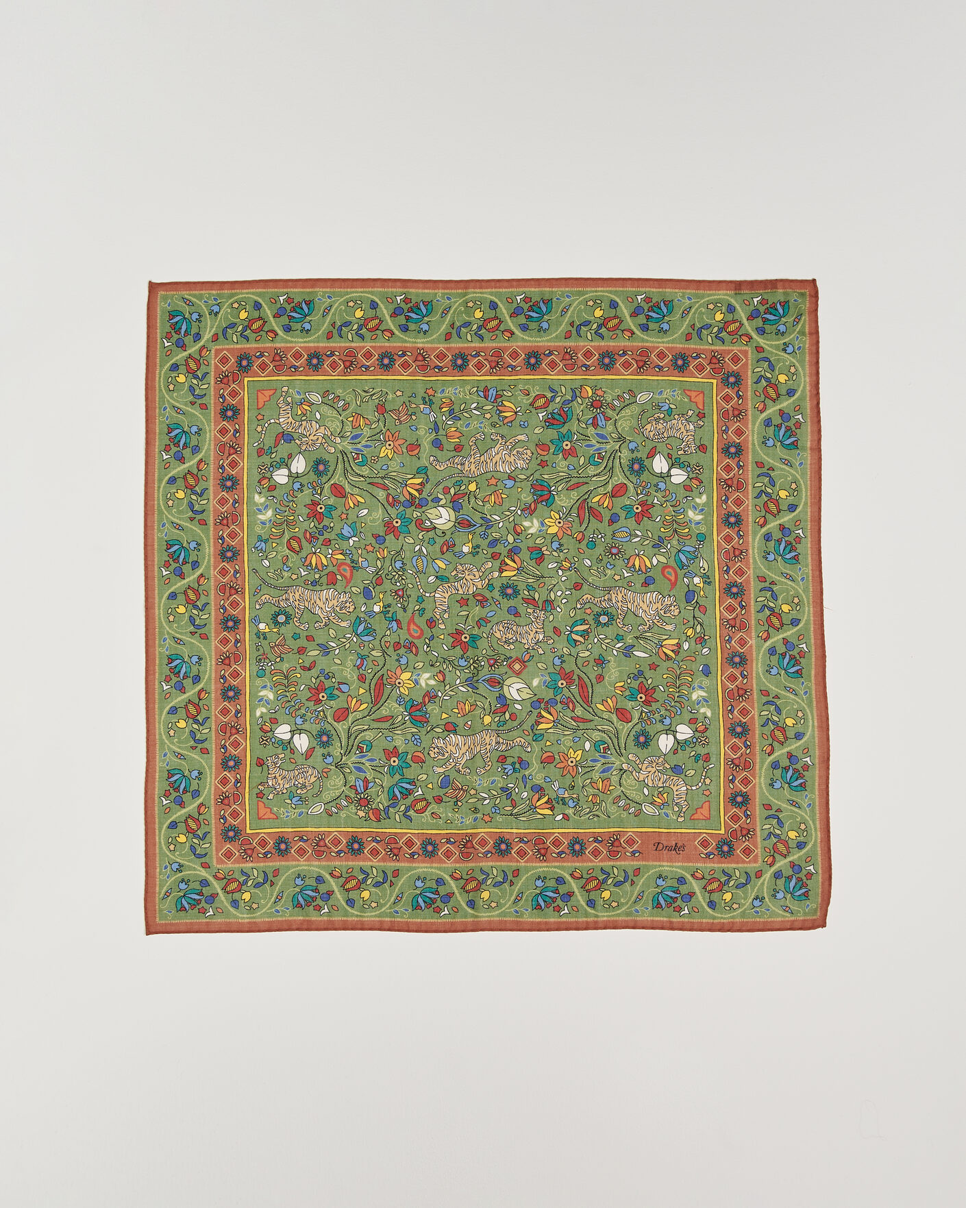 Herre | Scarves | Drake's | Tiger Garden Wool/Silk Bandana Green