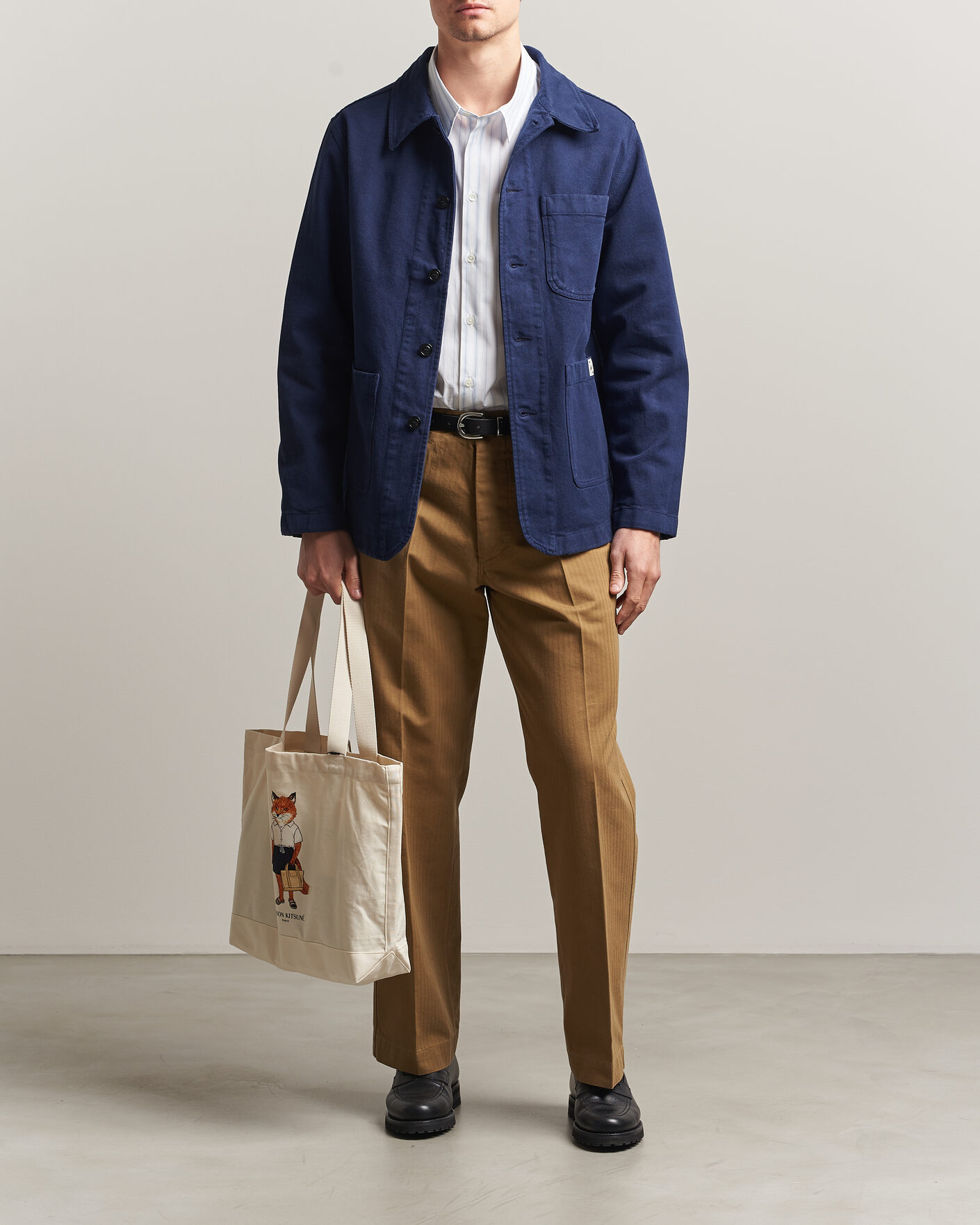 Herre | Skjorter | Merz b. Schwanen | Worker Cotton Twill Overshirt Ink Blue