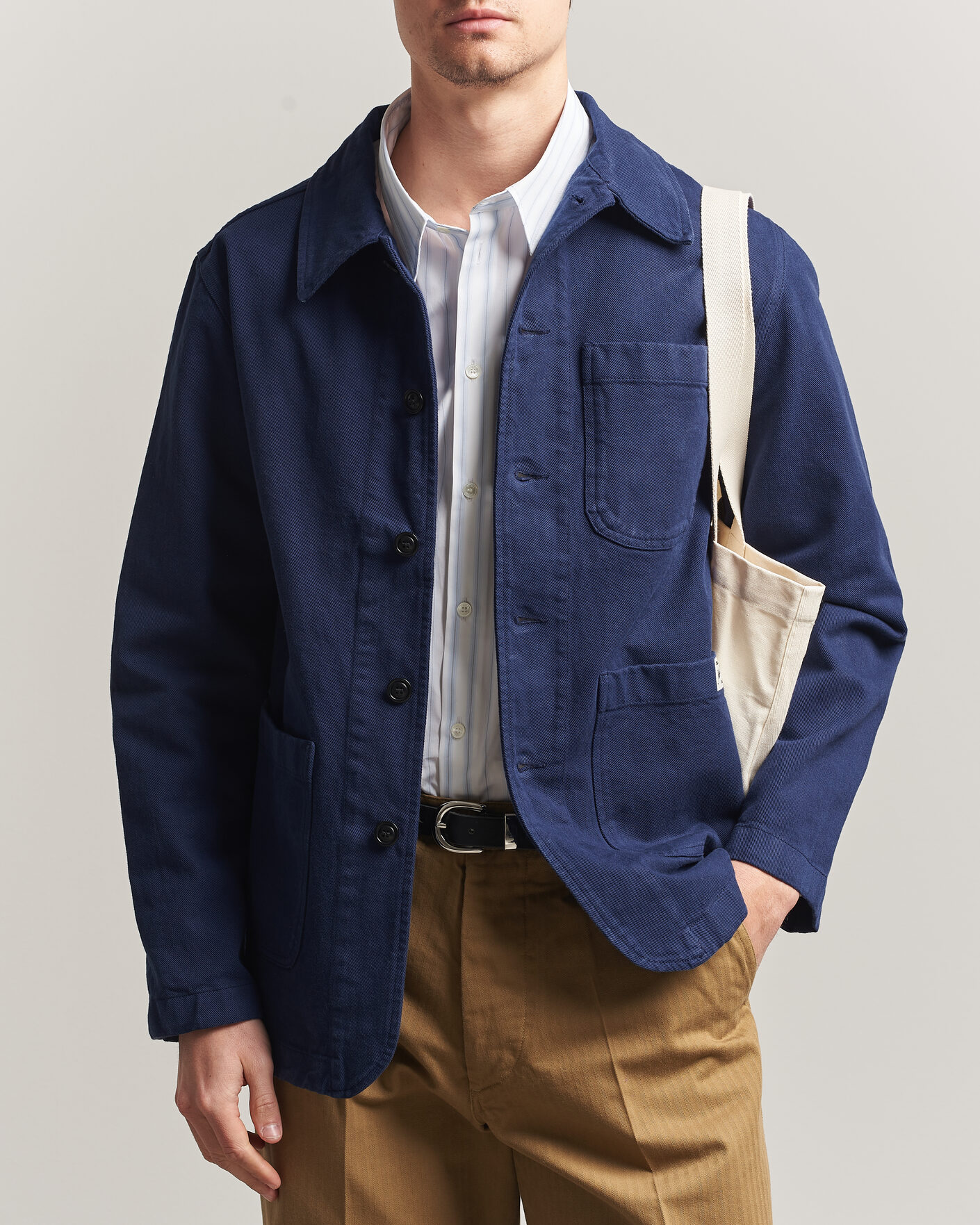 Herre | Skjorter | Merz b. Schwanen | Worker Cotton Twill Overshirt Ink Blue
